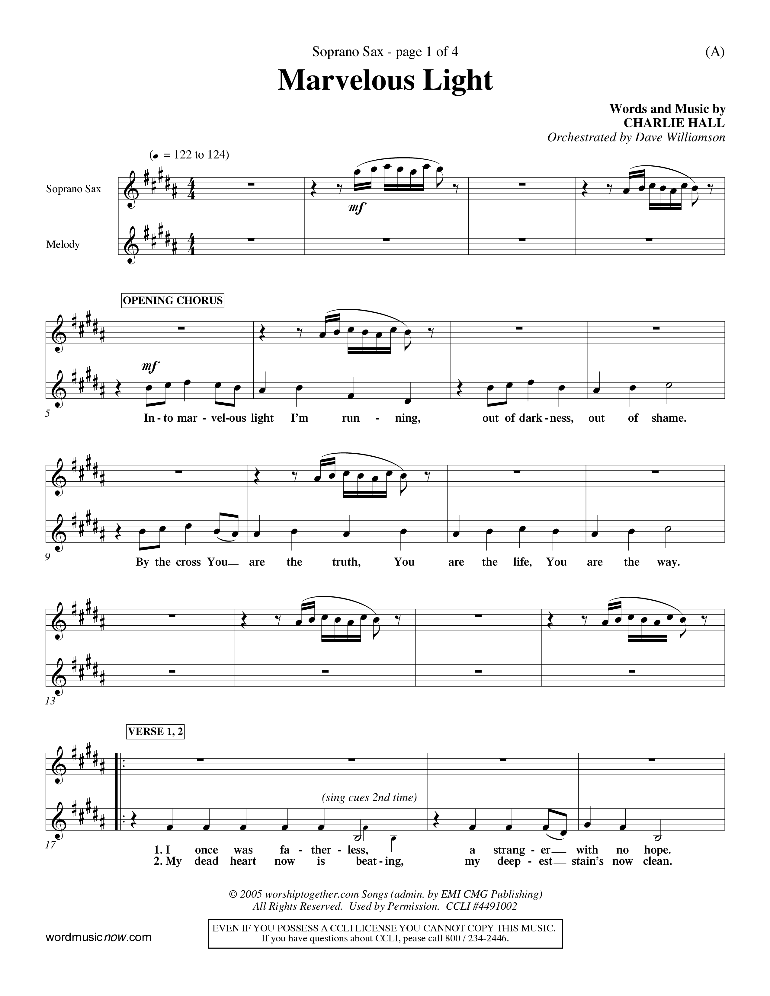 Marvelous Light (Choral Anthem SATB) Saxophone (Word Music Choral / Orch. Dave Williamson)