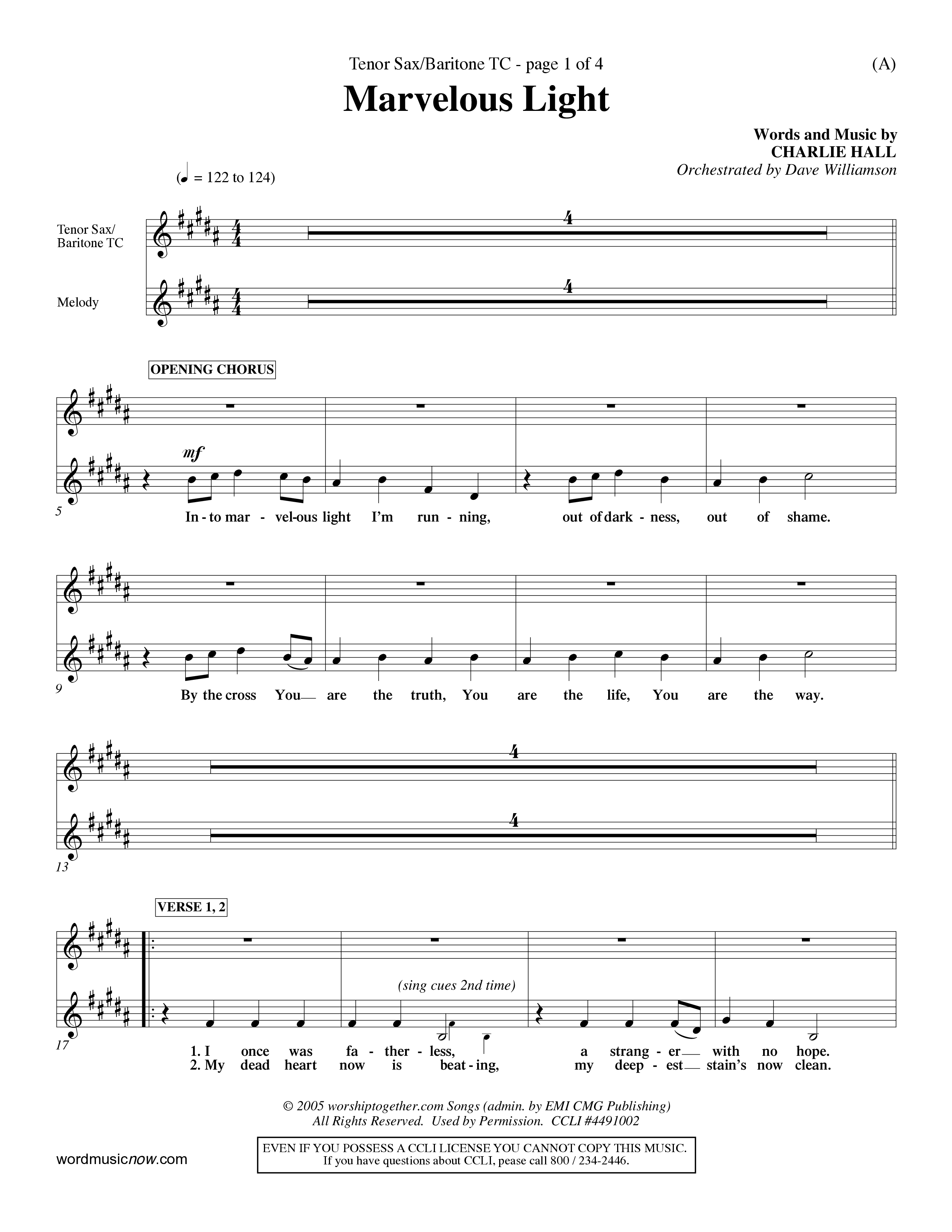 Marvelous Light (Choral Anthem SATB) Tenor Sax/Baritone T.C. (Word Music Choral / Orch. Dave Williamson)