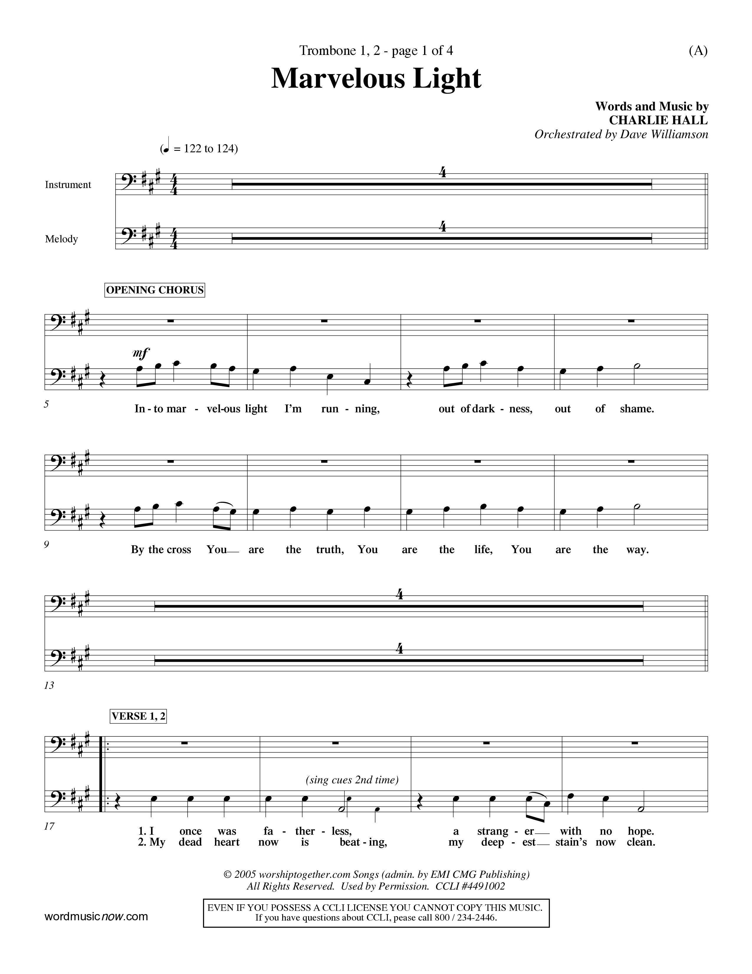 Marvelous Light (Choral Anthem SATB) Trombone 1/2 (Word Music Choral / Orch. Dave Williamson)