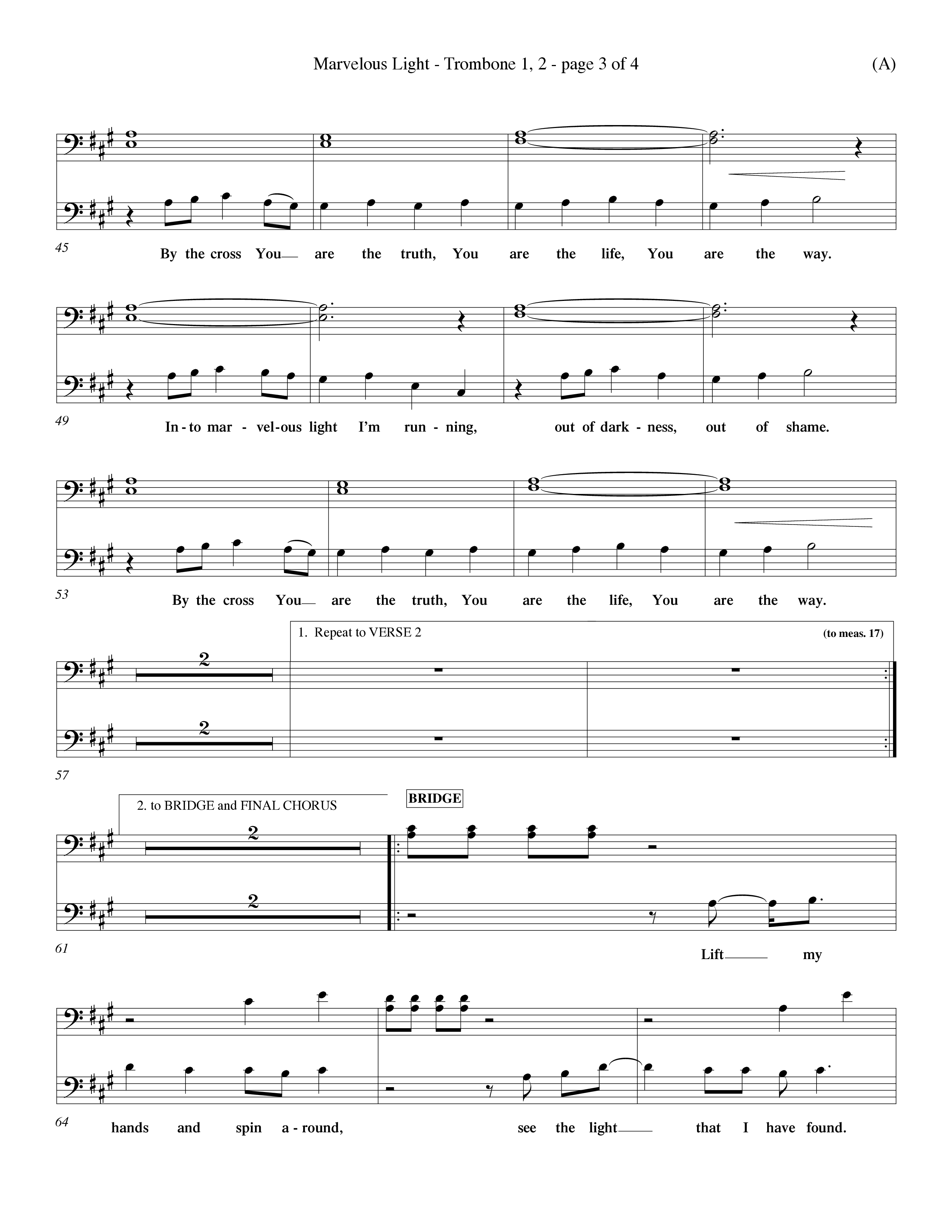 Marvelous Light (Choral Anthem SATB) Trombone 1/2 (Word Music Choral / Orch. Dave Williamson)