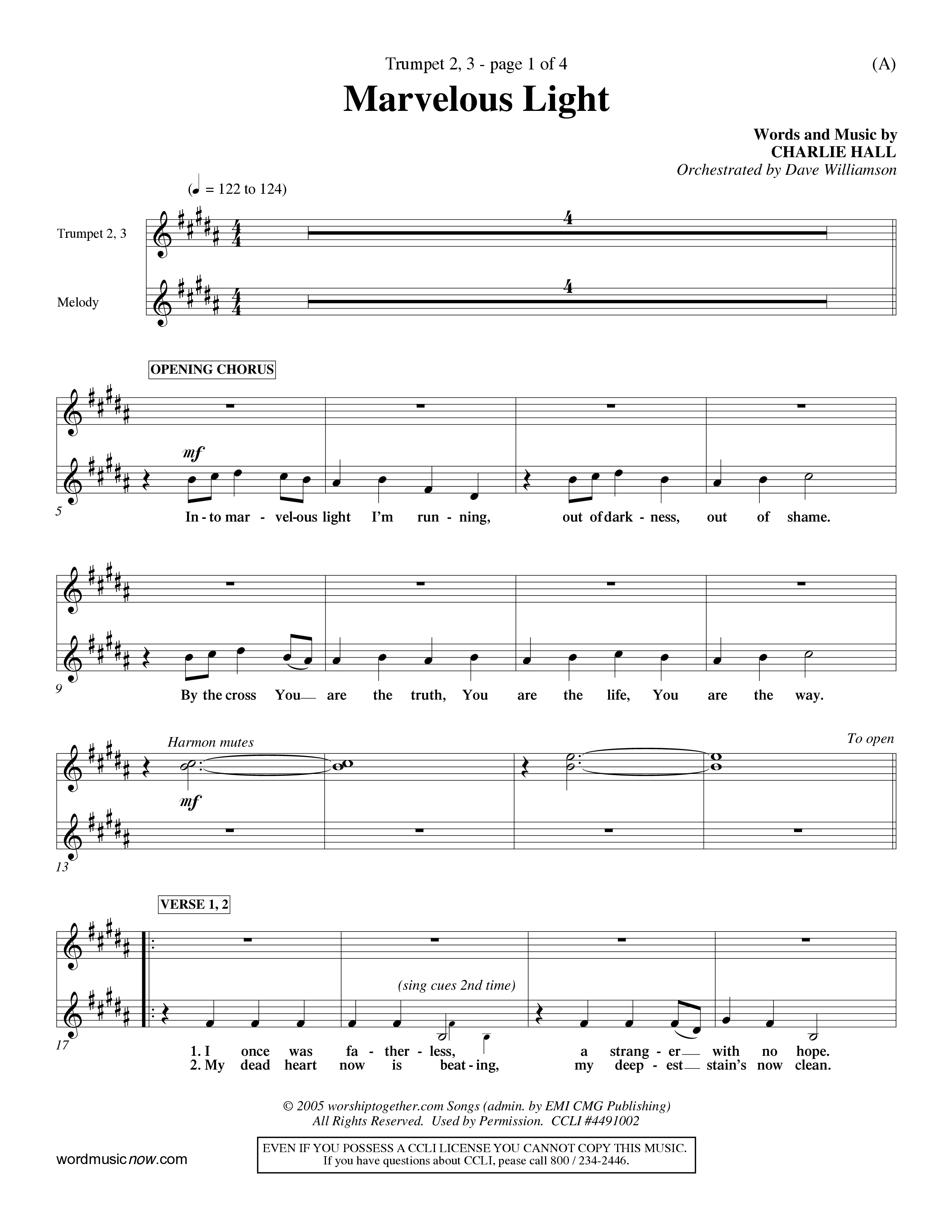 Marvelous Light (Choral Anthem SATB) Trumpet 2/3 (Word Music Choral / Orch. Dave Williamson)