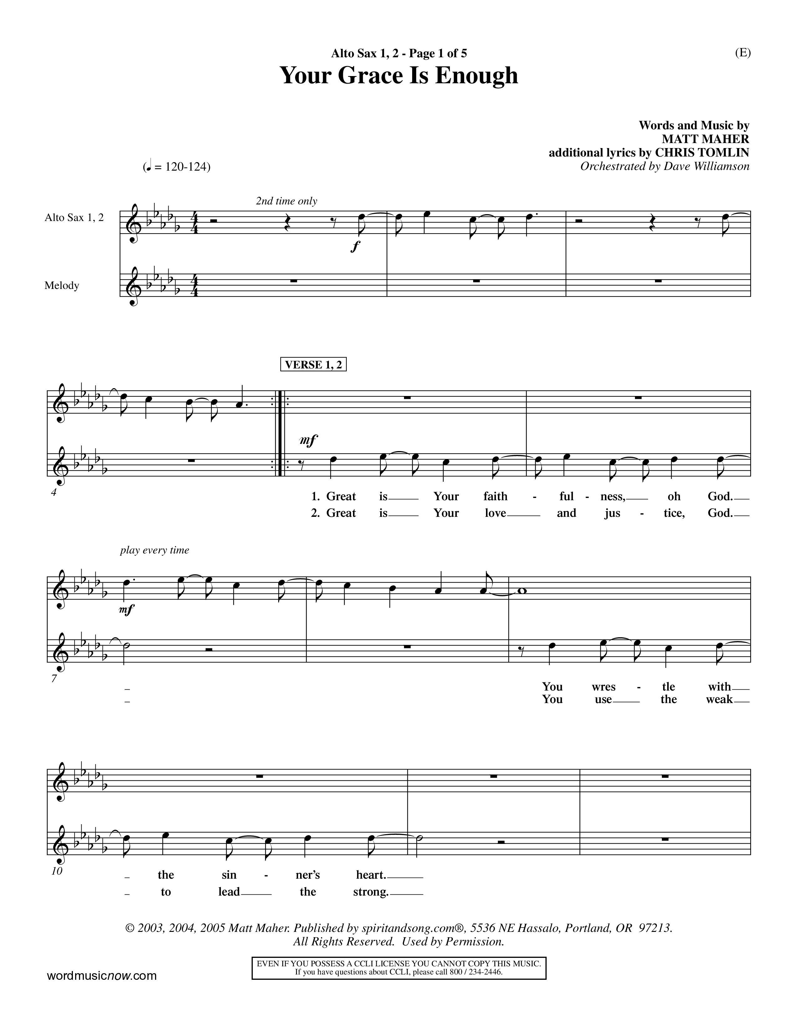 Your Grace Is Enough (Choral Anthem SATB) Alto Sax 1/2 (Word Music Choral / Orch. Dave Williamson)