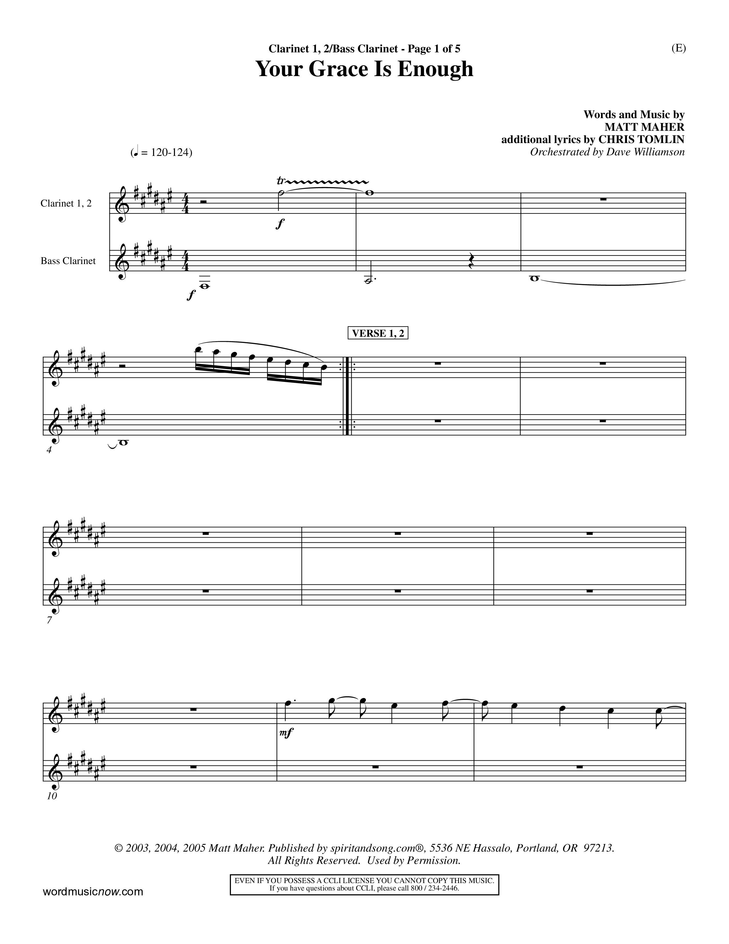 Your Grace Is Enough (Choral Anthem SATB) Clarinet 1/2, Bass Clarinet (Word Music Choral / Orch. Dave Williamson)