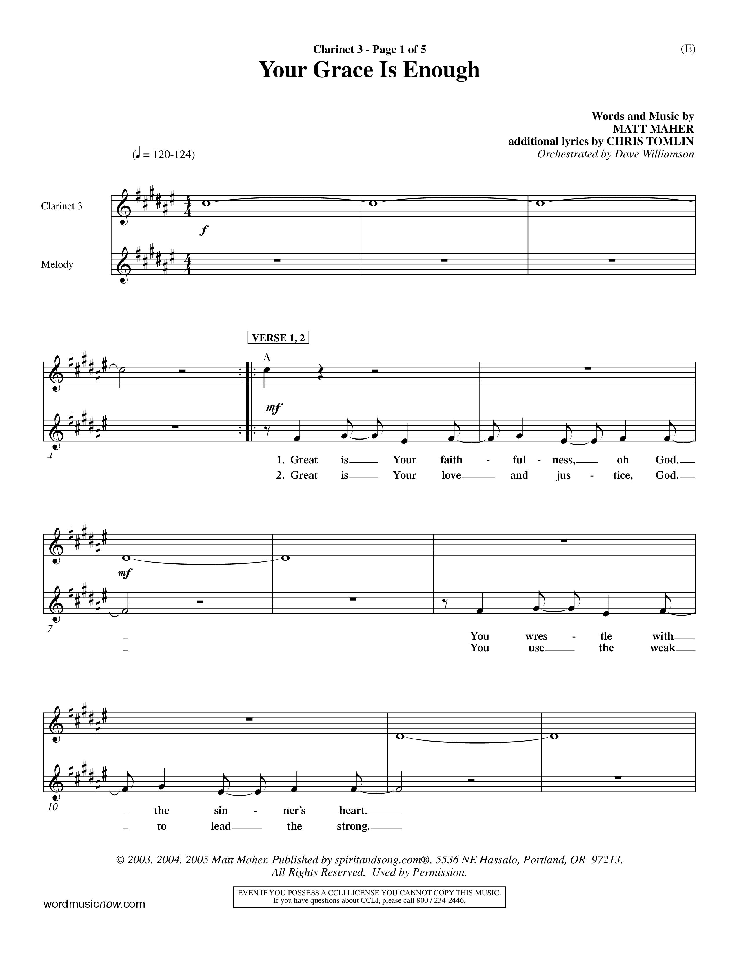 Your Grace Is Enough (Choral Anthem SATB) Clarinet 3 (Word Music Choral / Orch. Dave Williamson)