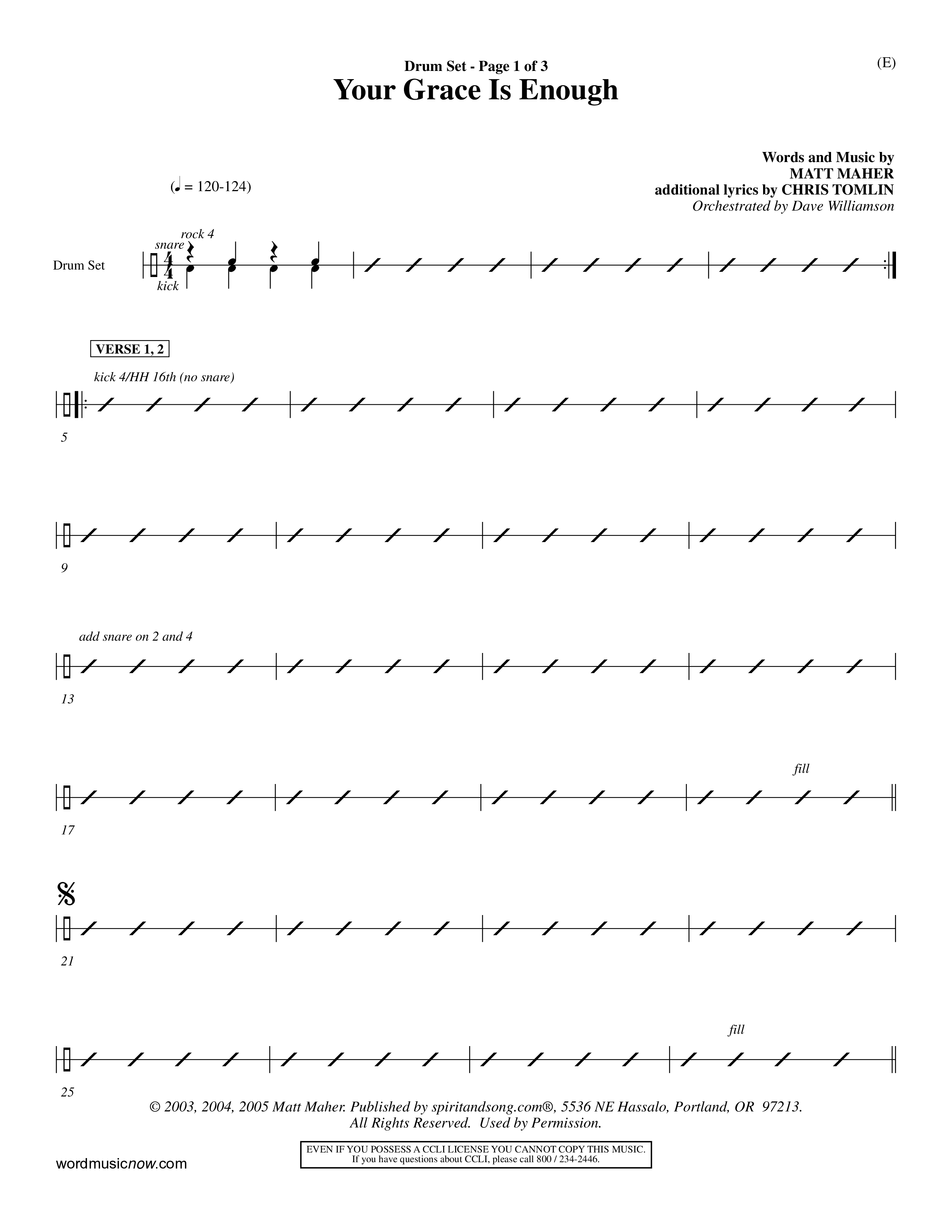 Your Grace Is Enough (Choral Anthem SATB) Drum Set (Word Music Choral / Orch. Dave Williamson)