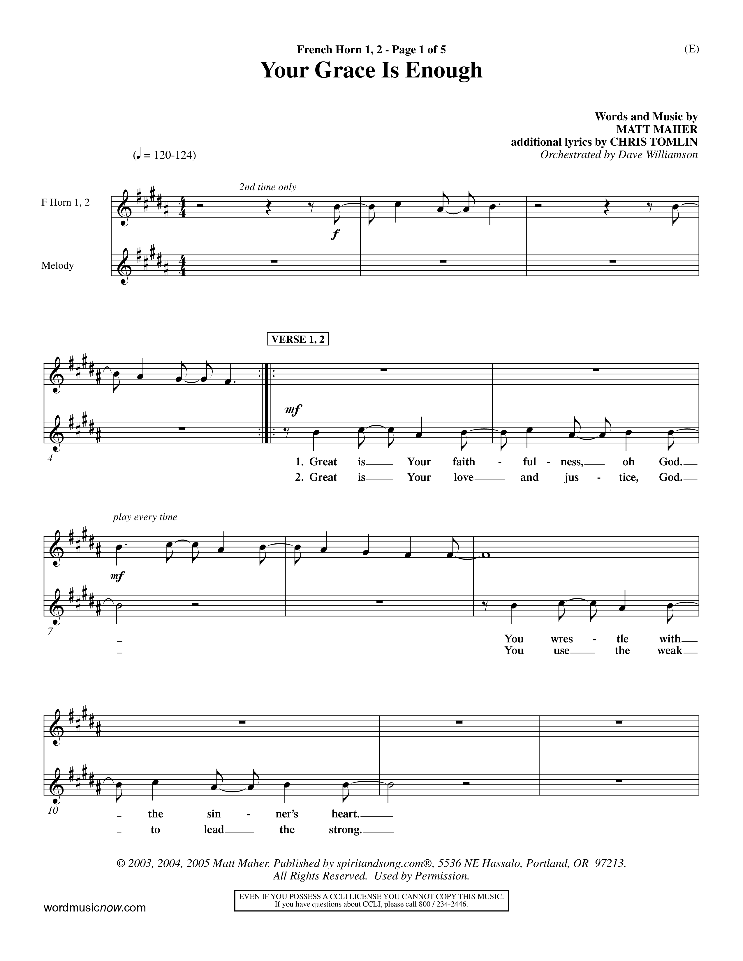 Your Grace Is Enough (Choral Anthem SATB) French Horn (Word Music Choral / Orch. Dave Williamson)