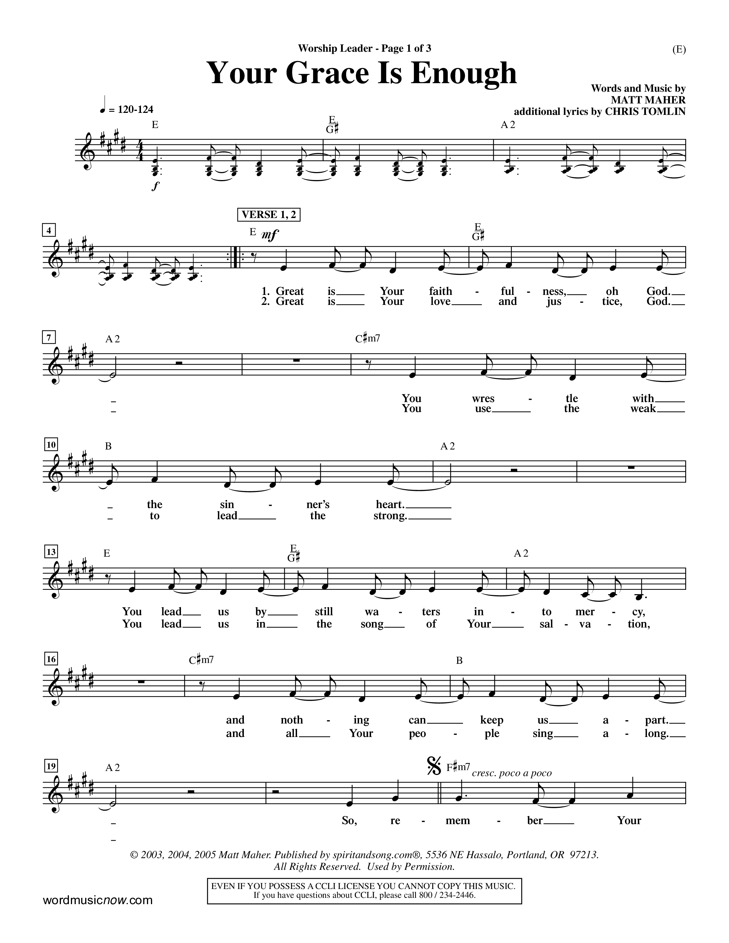 Your Grace Is Enough (Choral Anthem SATB) Lead Sheet (Mel) (Word Music Choral / Orch. Dave Williamson)