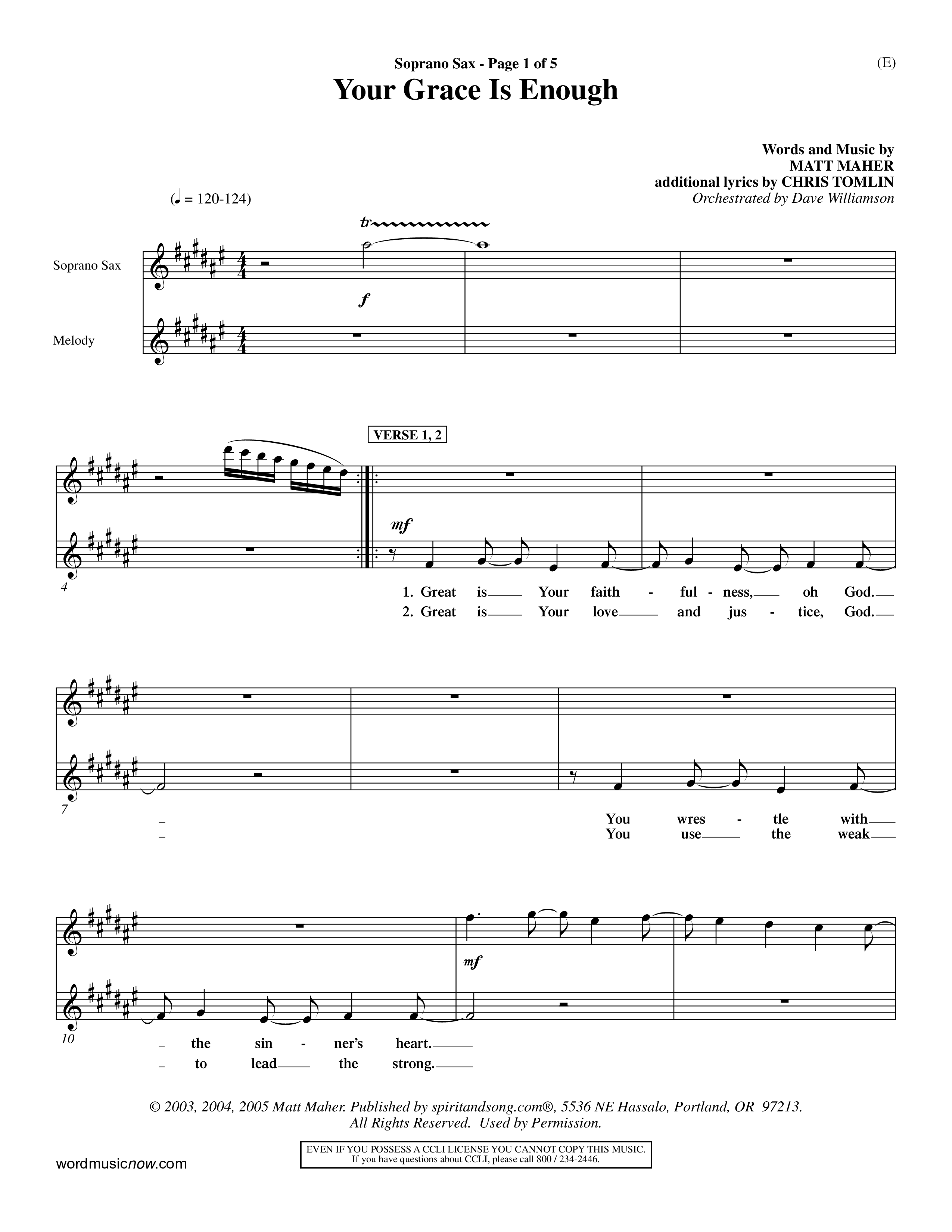 Your Grace Is Enough (Choral Anthem SATB) Saxophone (Word Music Choral / Orch. Dave Williamson)
