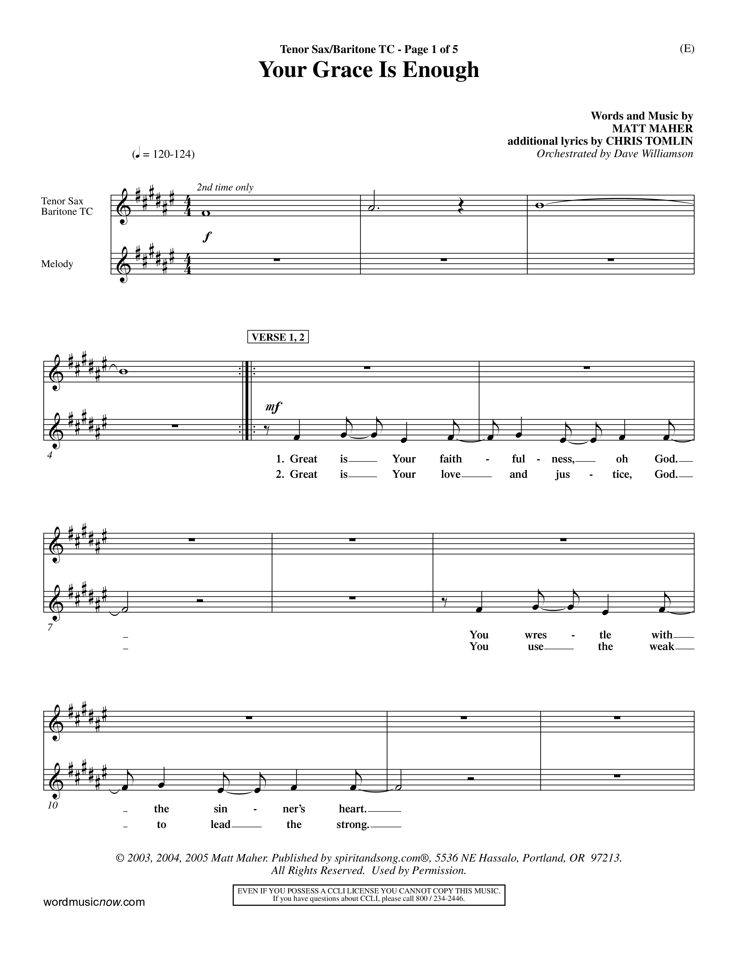 Your Grace Is Enough (Choral Anthem SATB) Tenor Sax/Baritone T.C. (Word Music Choral / Orch. Dave Williamson)