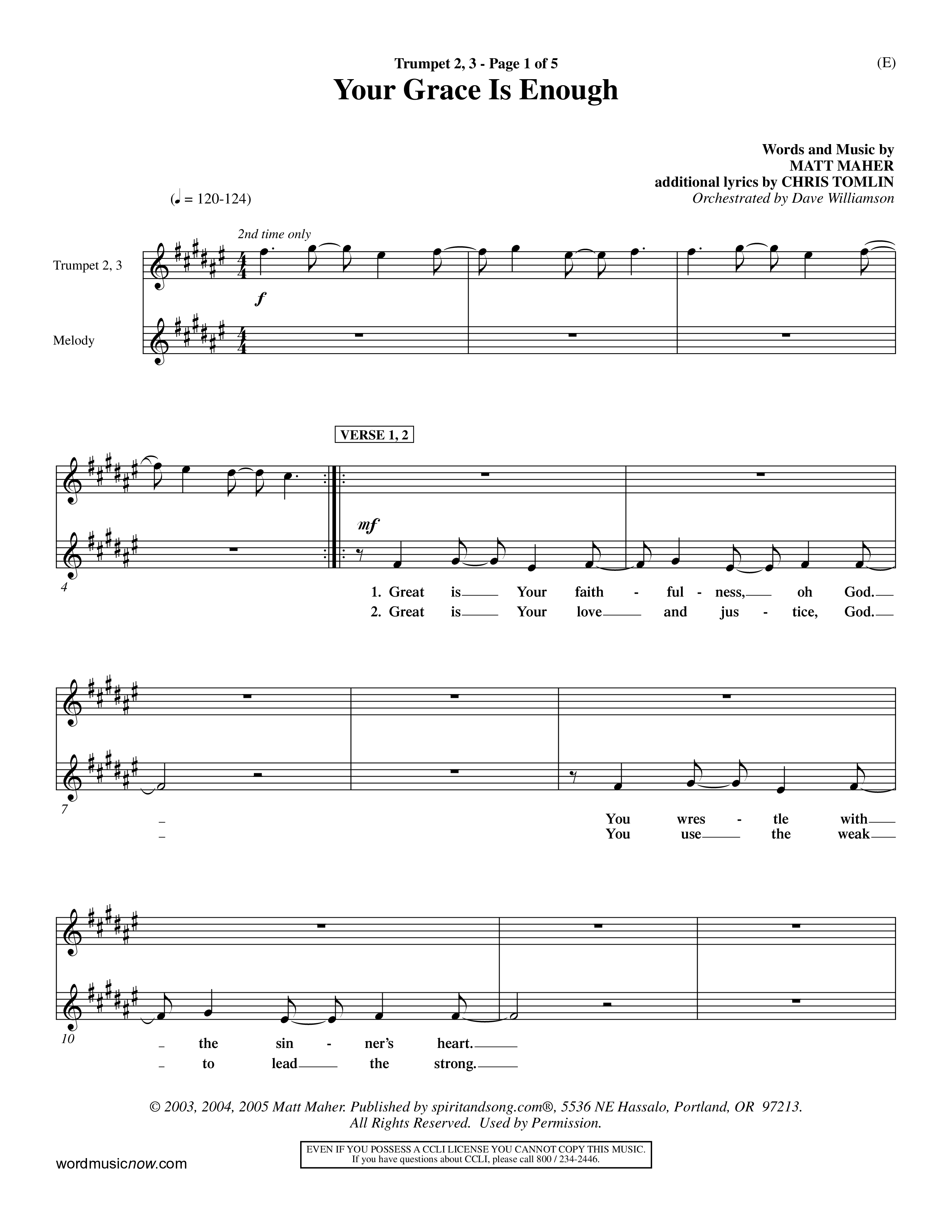 Your Grace Is Enough (Choral Anthem SATB) Trumpet 2/3 (Word Music Choral / Orch. Dave Williamson)
