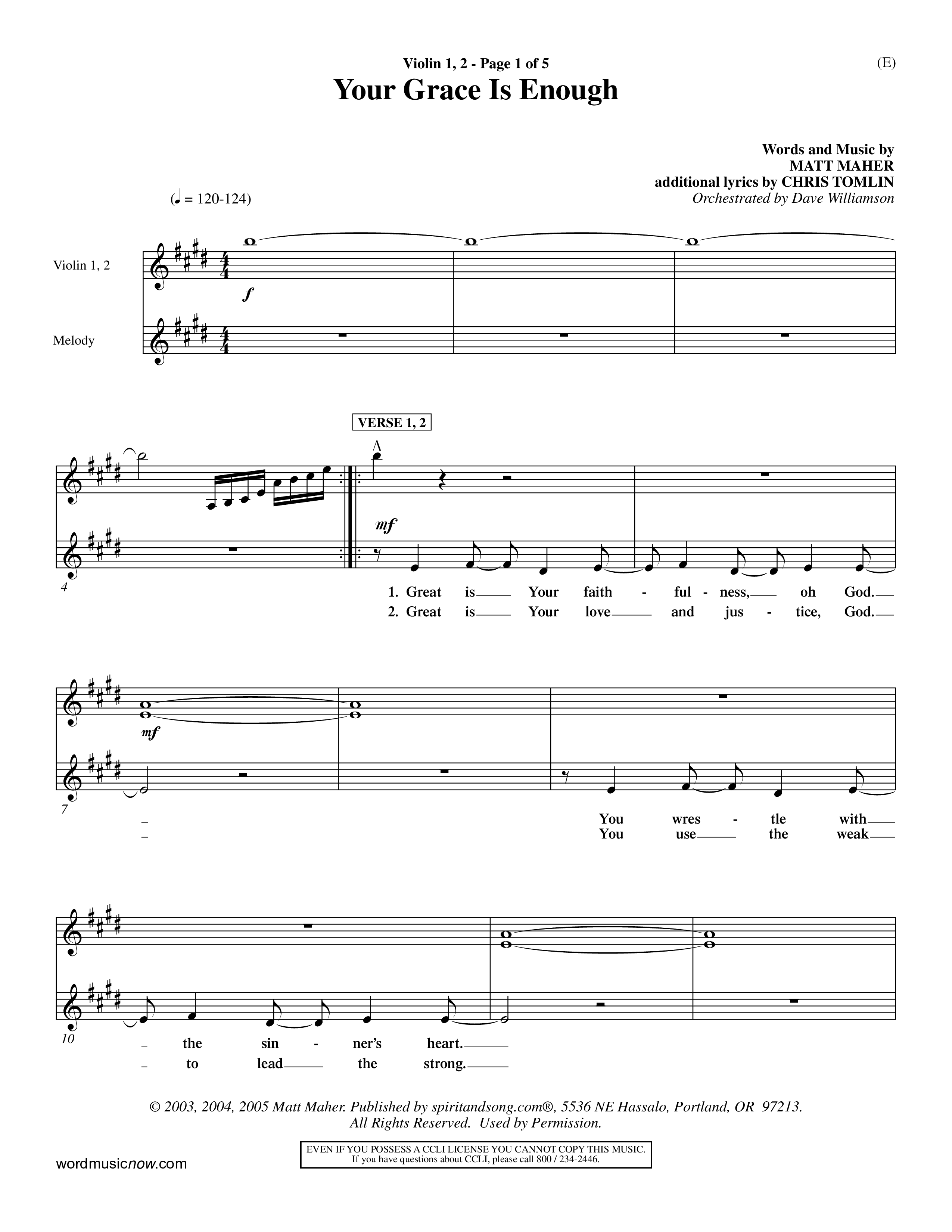 Your Grace Is Enough (Choral Anthem SATB) Violin 1/2 (Word Music Choral / Orch. Dave Williamson)