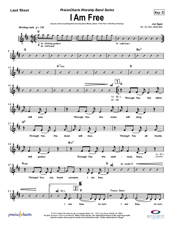 I Am Free Lead Sheet (SAT) (New Life Worship)