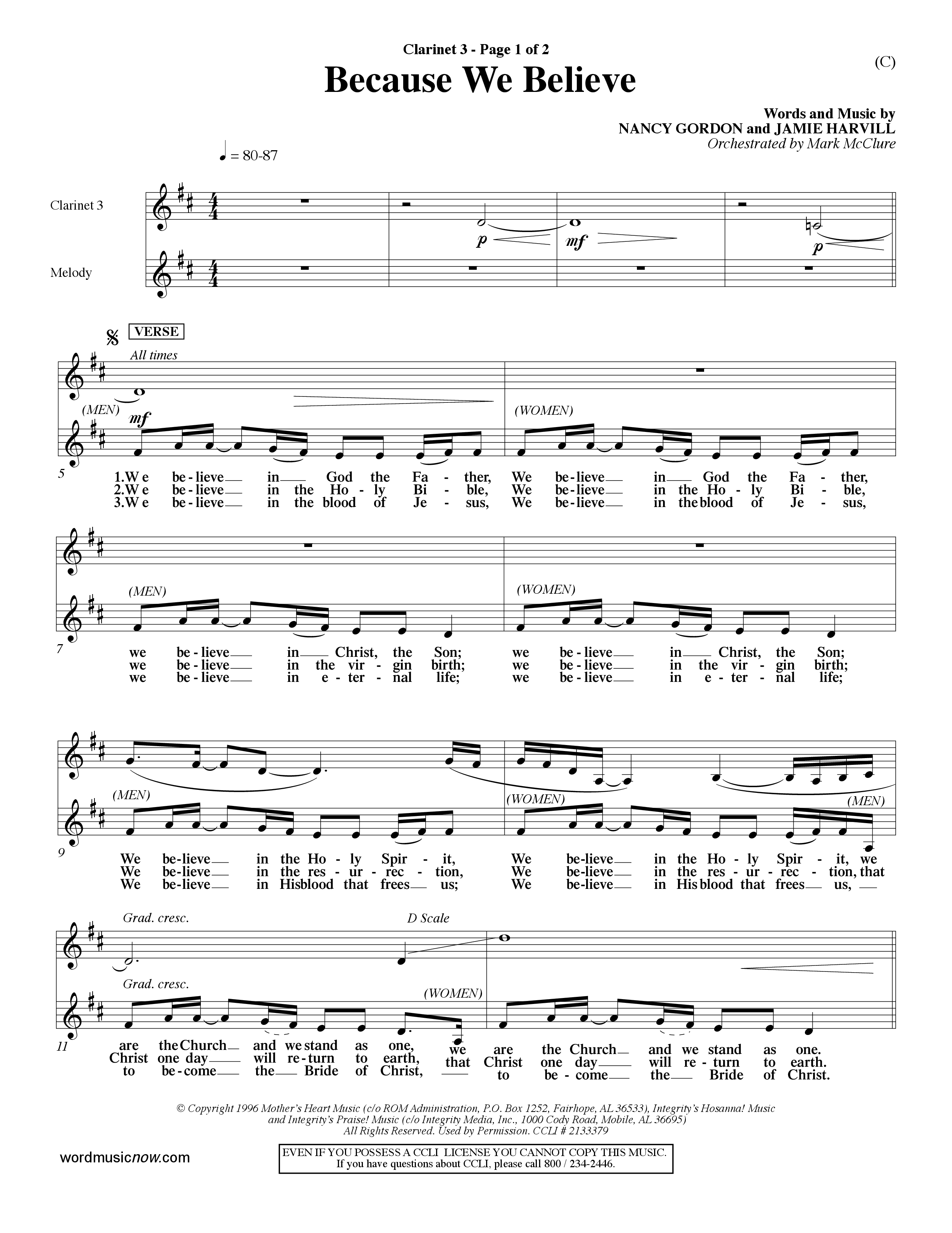 Because We Believe (Choral Anthem SATB) Clarinet 3 (Word Music Choral / Orch. Mark McClure)