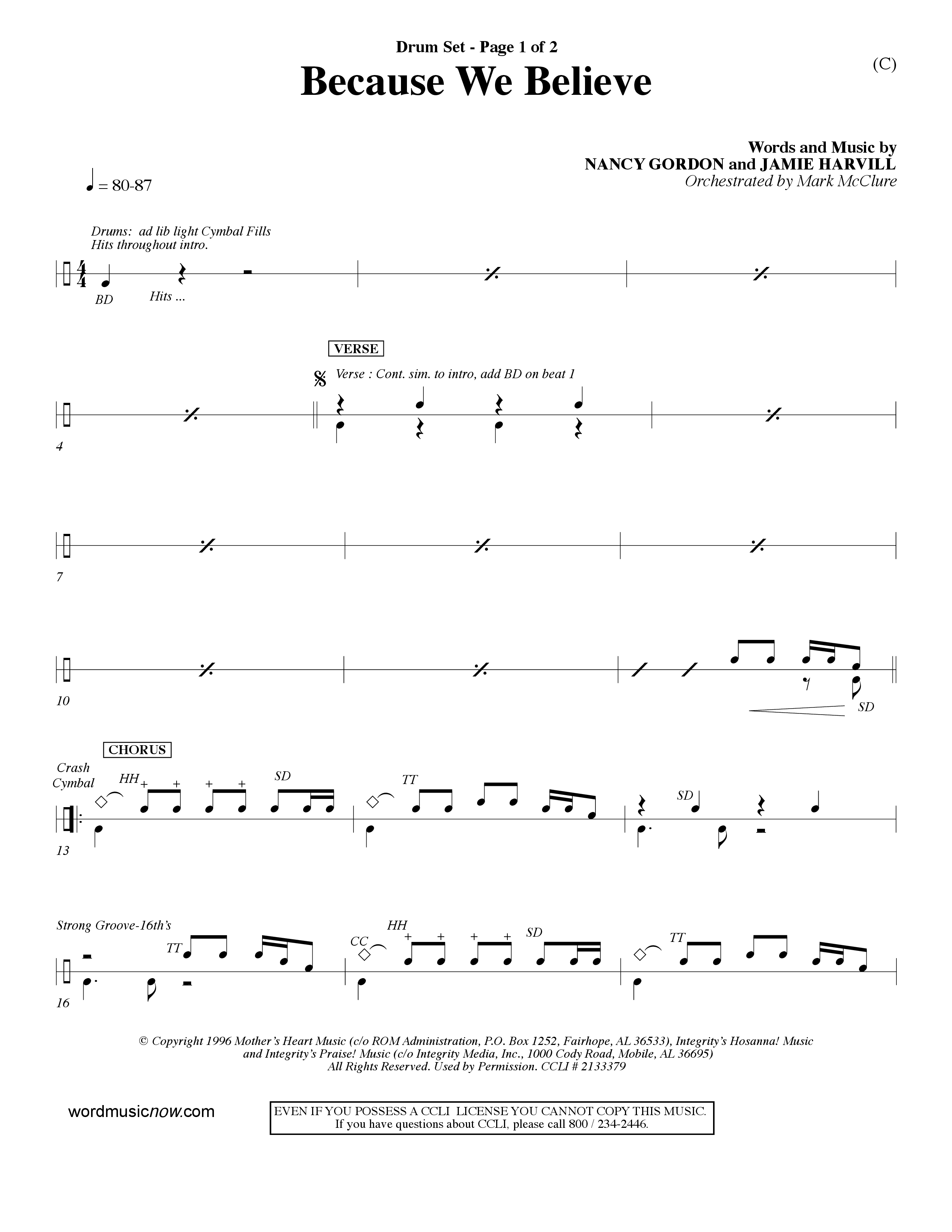 Because We Believe (Choral Anthem SATB) Drum Set (Word Music Choral / Orch. Mark McClure)
