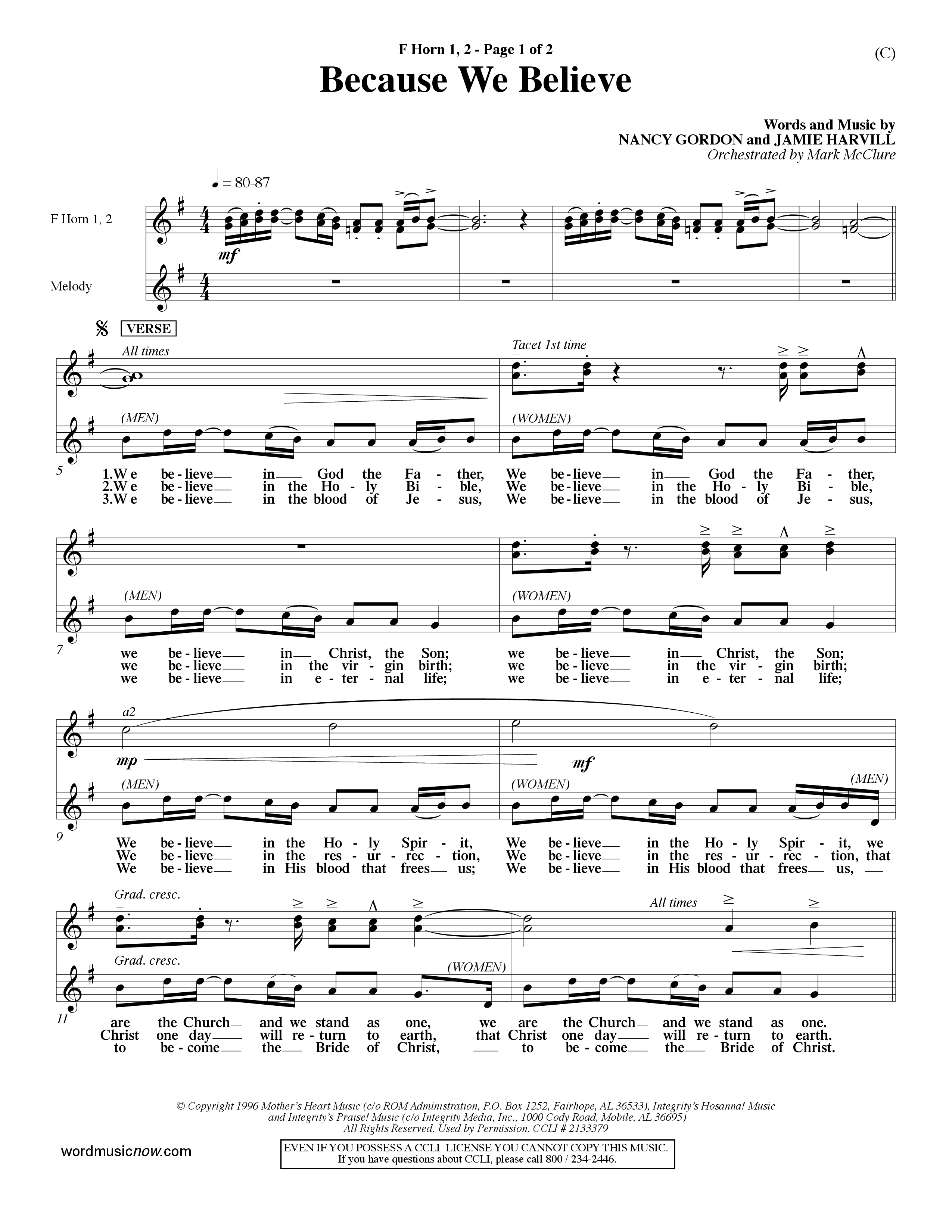 Because We Believe (Choral Anthem SATB) French Horn (Word Music Choral / Orch. Mark McClure)