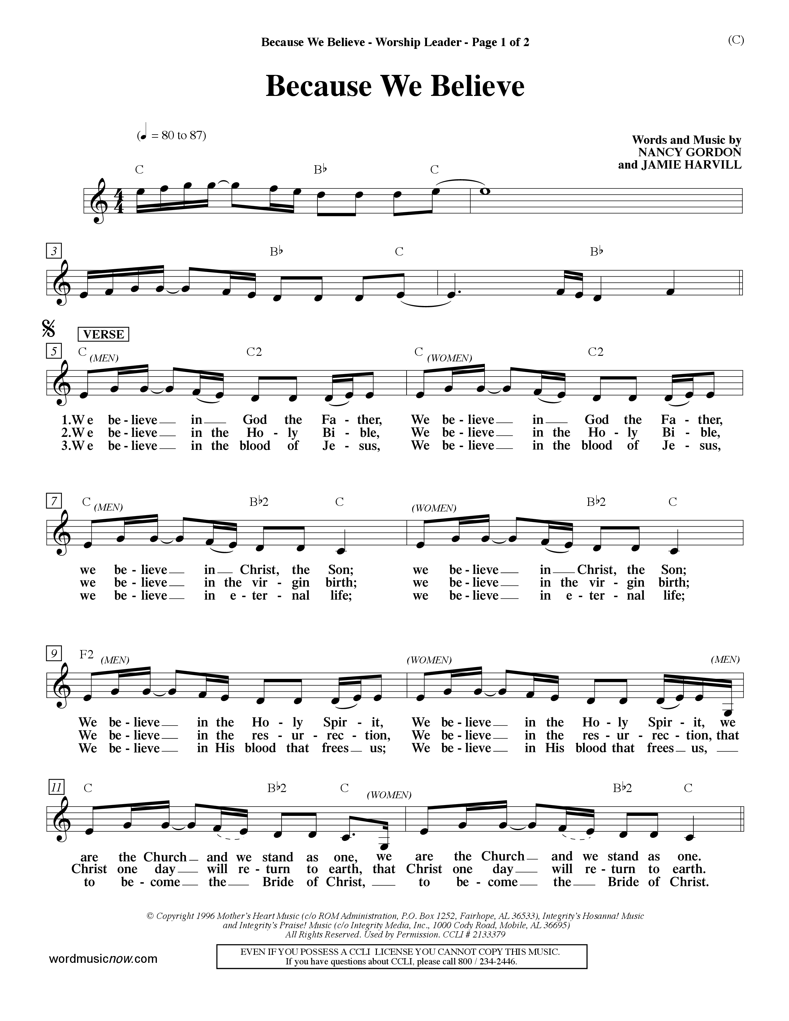 Because We Believe (Choral Anthem SATB) Lead Sheet (Mel) (Word Music Choral / Orch. Mark McClure)
