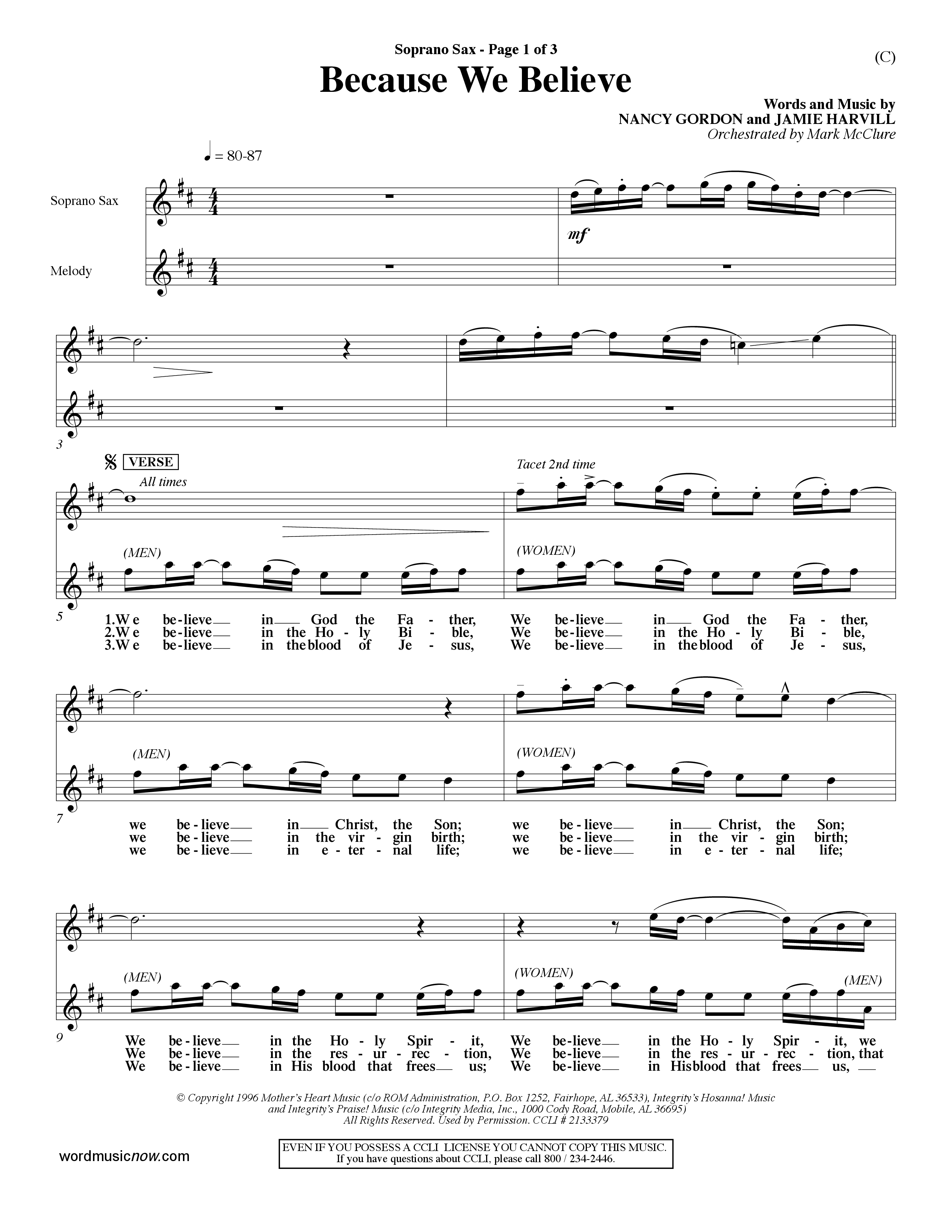 Because We Believe (Choral Anthem SATB) Saxophone (Word Music Choral / Orch. Mark McClure)