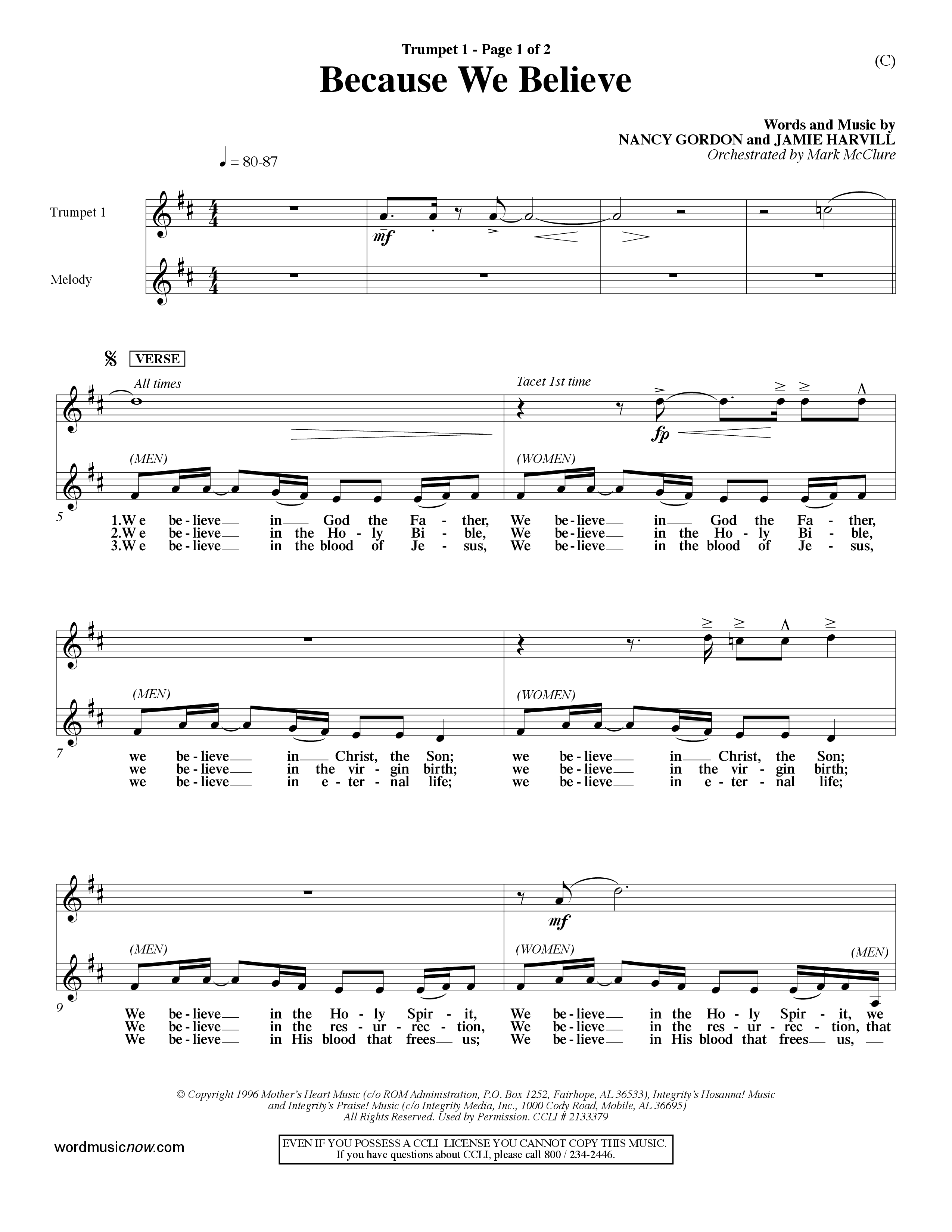 Because We Believe (Choral Anthem SATB) Trumpet 1 (Word Music Choral / Orch. Mark McClure)
