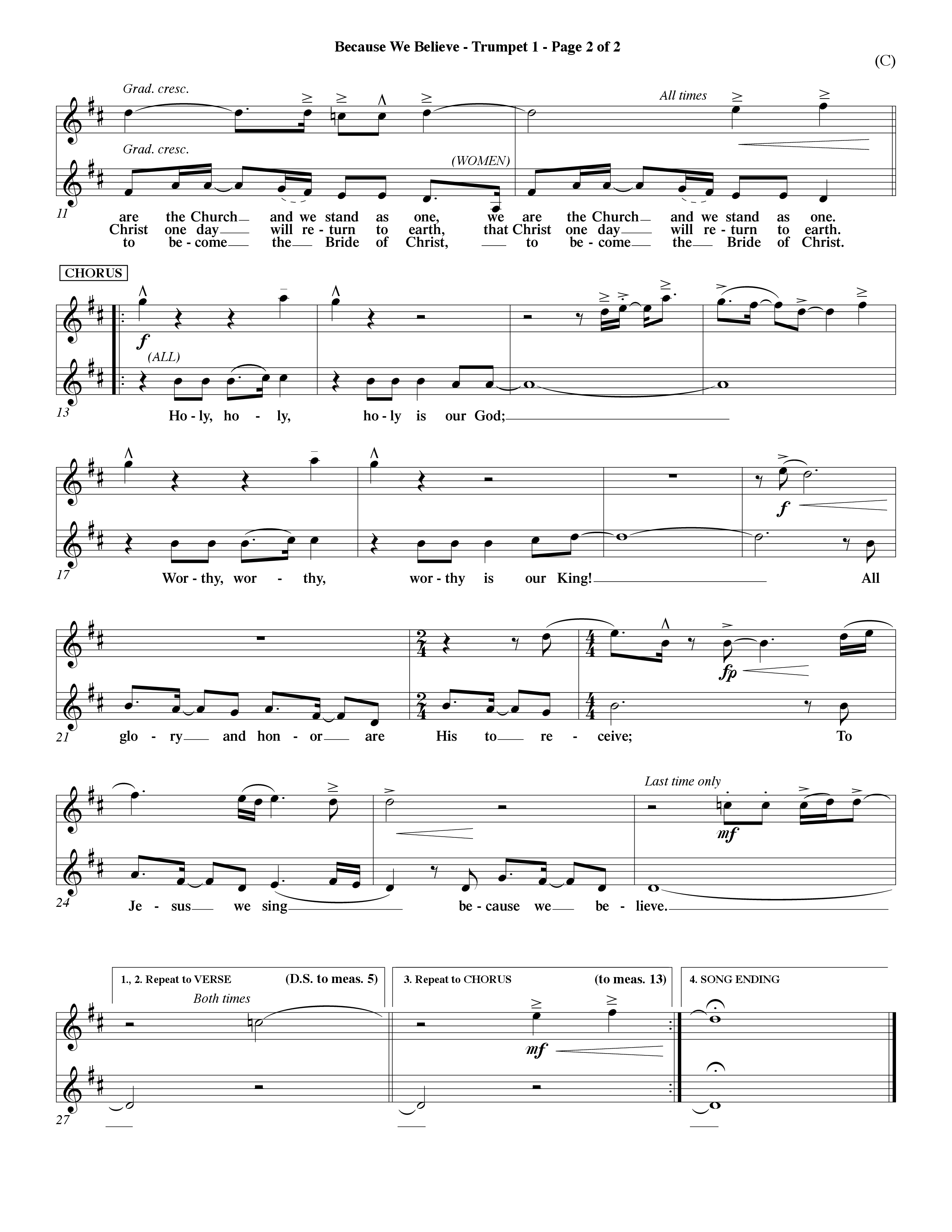 Because We Believe (Choral Anthem SATB) Trumpet 1 (Word Music Choral / Orch. Mark McClure)
