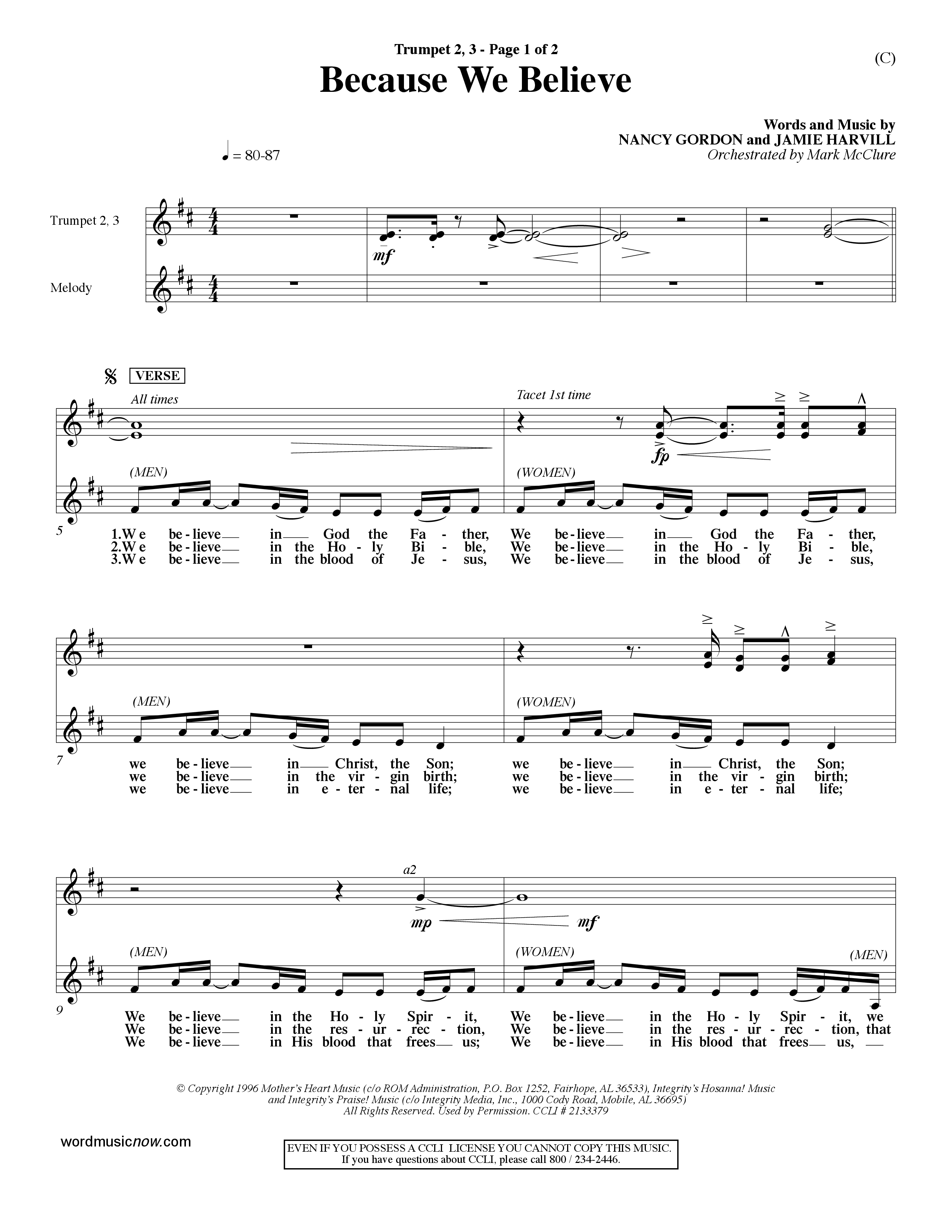 Because We Believe (Choral Anthem SATB) Trumpet 2/3 (Word Music Choral / Orch. Mark McClure)