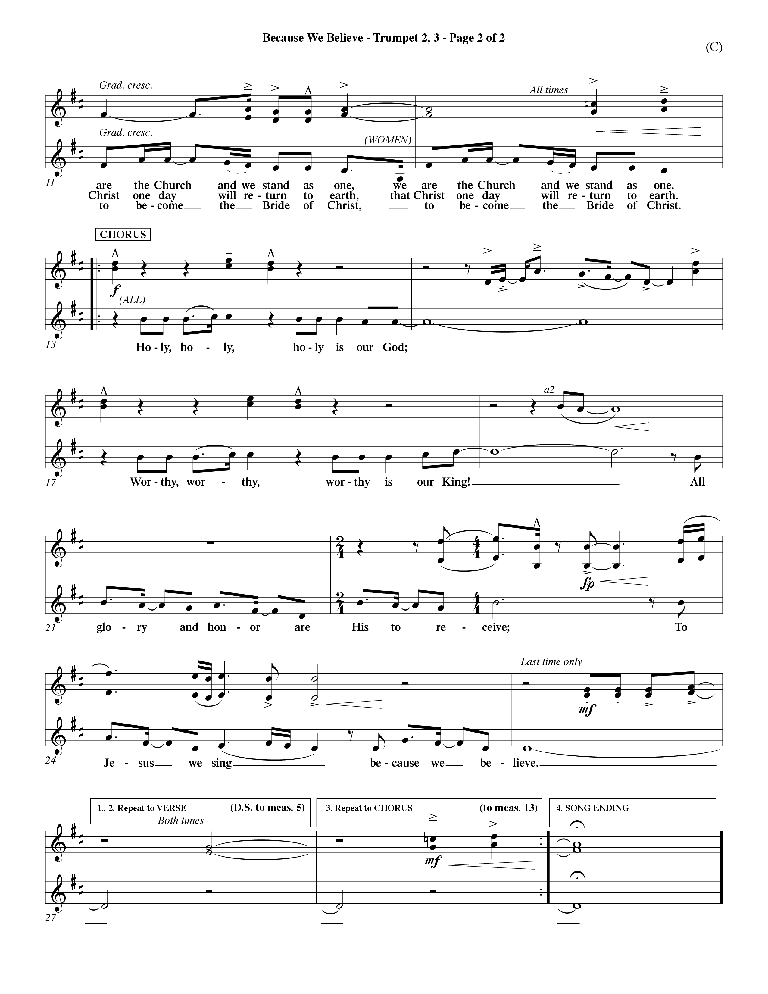Because We Believe (Choral Anthem SATB) Trumpet 2/3 (Word Music Choral / Orch. Mark McClure)