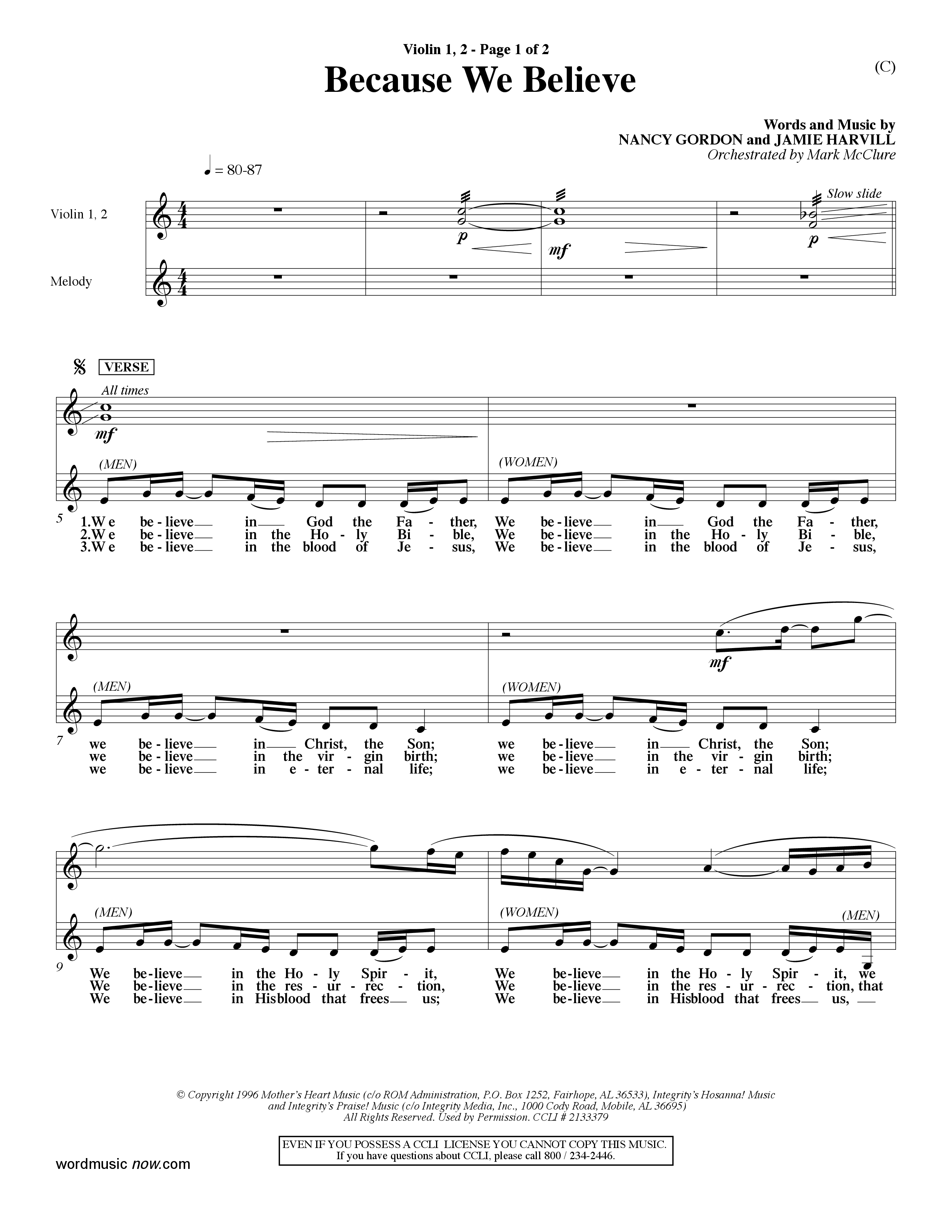 Because We Believe (Choral Anthem SATB) Violin 1/2 (Word Music Choral / Orch. Mark McClure)