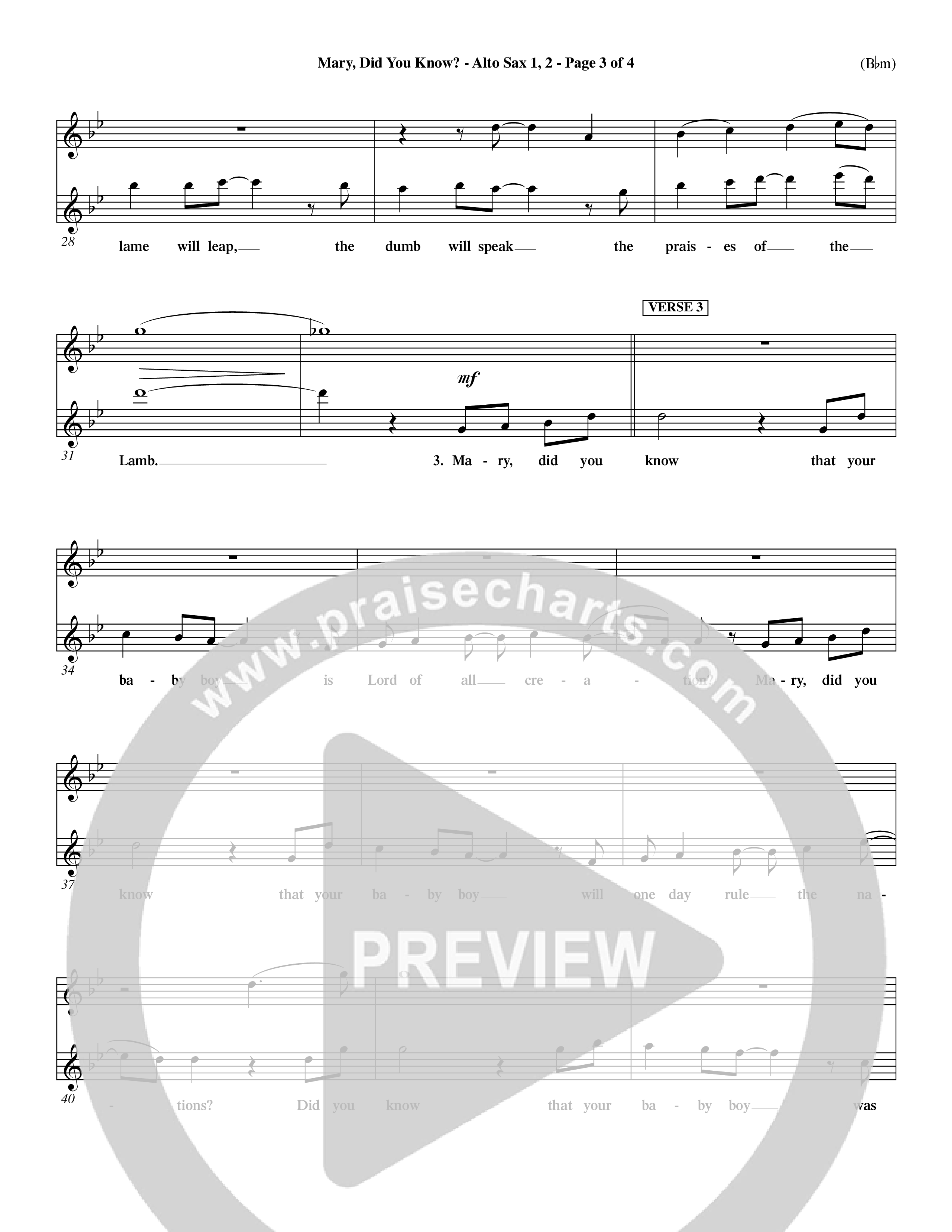 Mary Did You Know (Choral Anthem SATB) Alto Sax 1/2 (Word Music Choral / Orch. Dave Williamson)