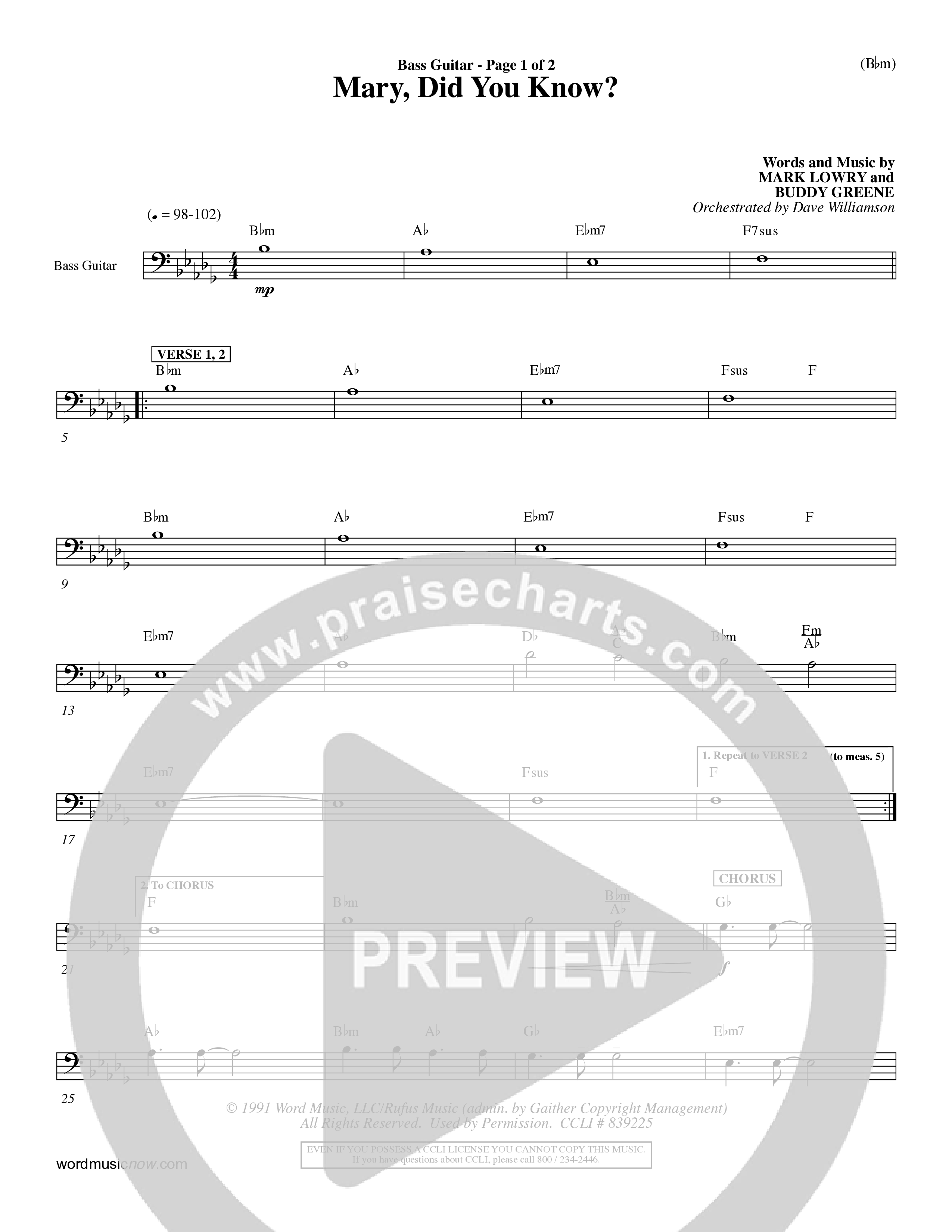 Mary Did You Know (Choral Anthem SATB) Bass Guitar (Word Music Choral / Orch. Dave Williamson)