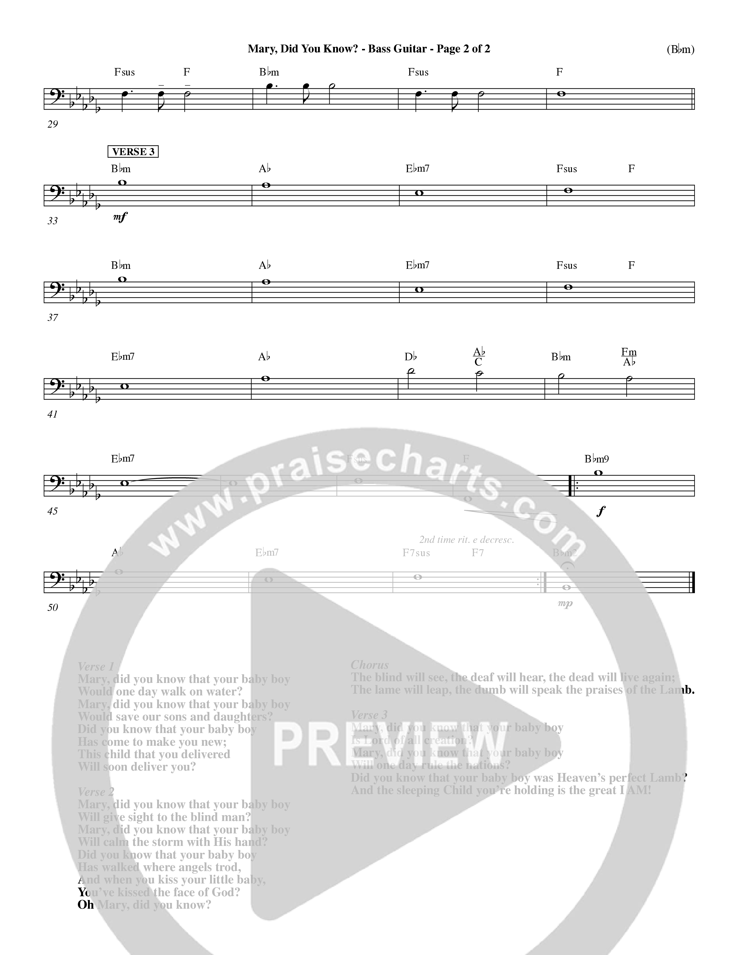 Mary Did You Know (Choral Anthem SATB) Bass Guitar (Word Music Choral / Orch. Dave Williamson)