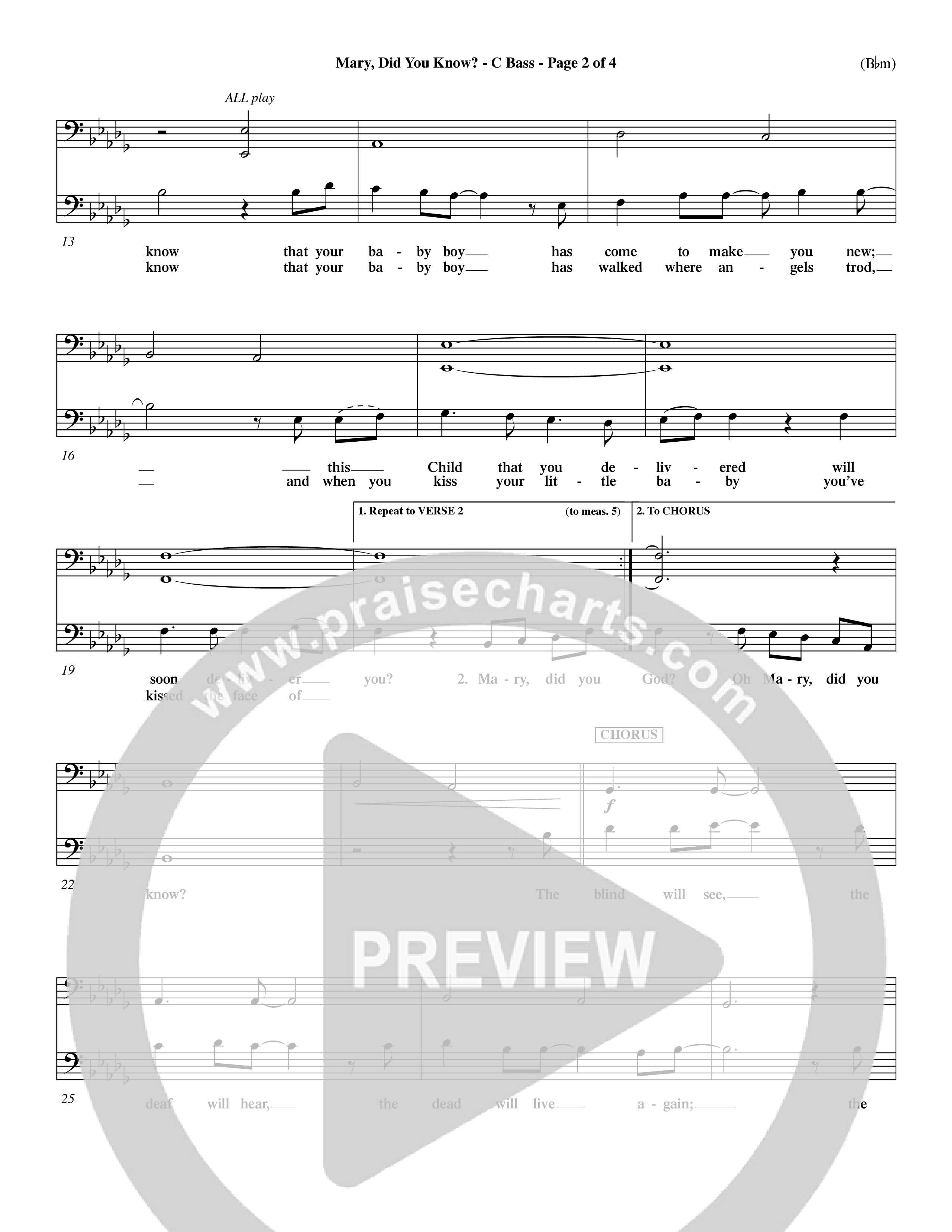 Mary Did You Know (Choral Anthem SATB) Contrabass (Word Music Choral / Orch. Dave Williamson)
