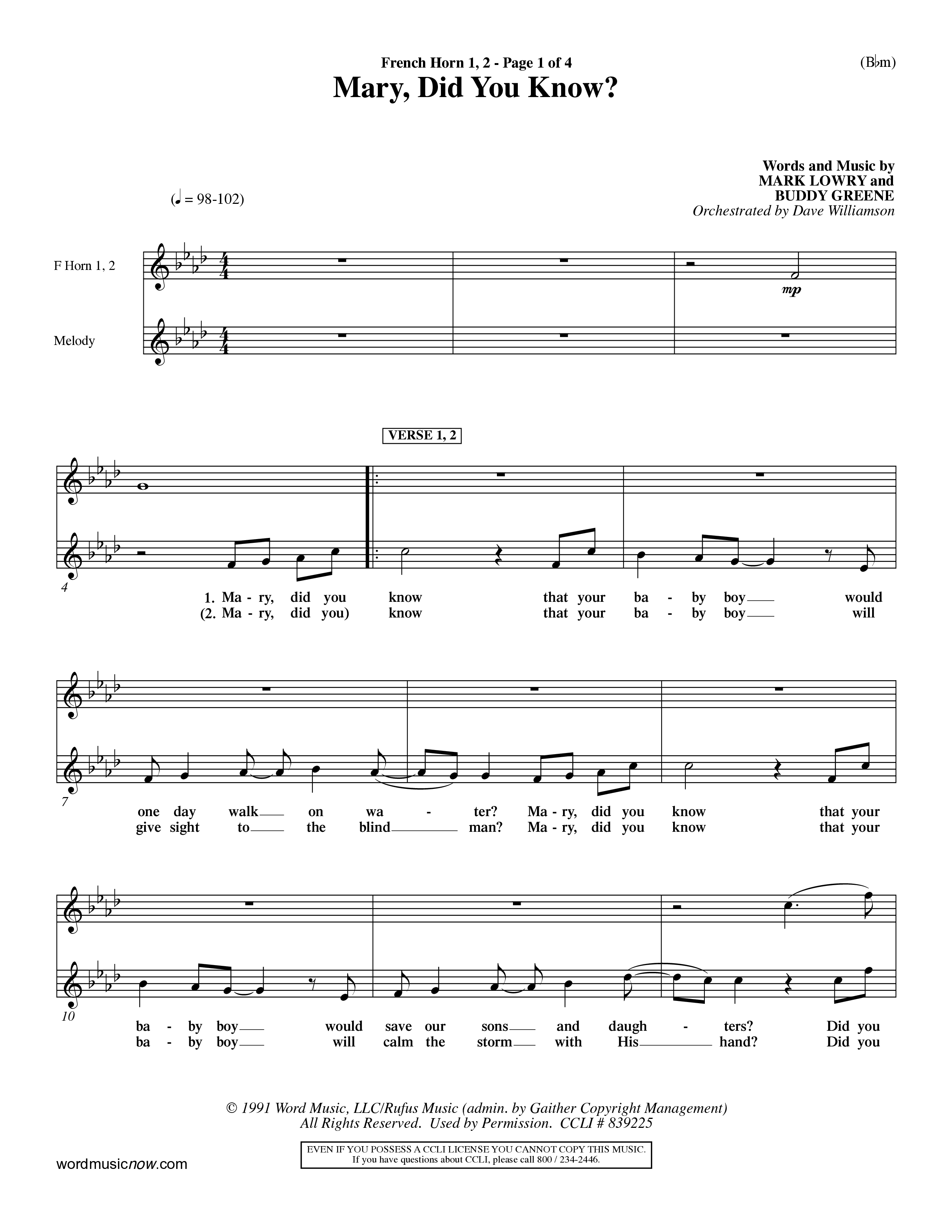 Mary Did You Know (Choral Anthem SATB) French Horn (Word Music Choral / Orch. Dave Williamson)