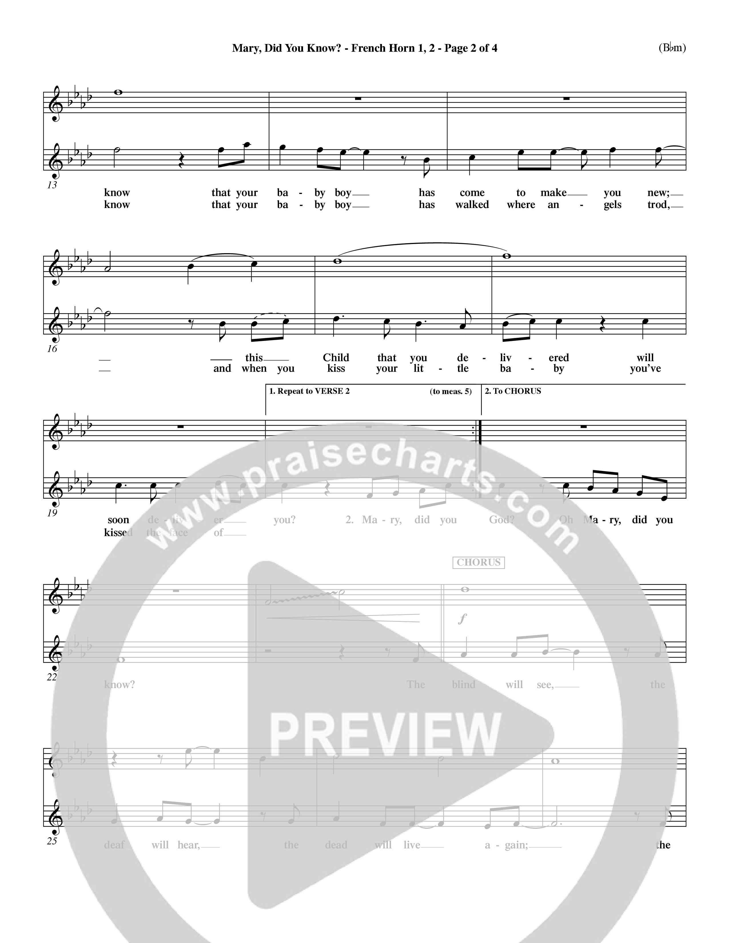 Mary Did You Know (Choral Anthem SATB) French Horn (Word Music Choral / Orch. Dave Williamson)
