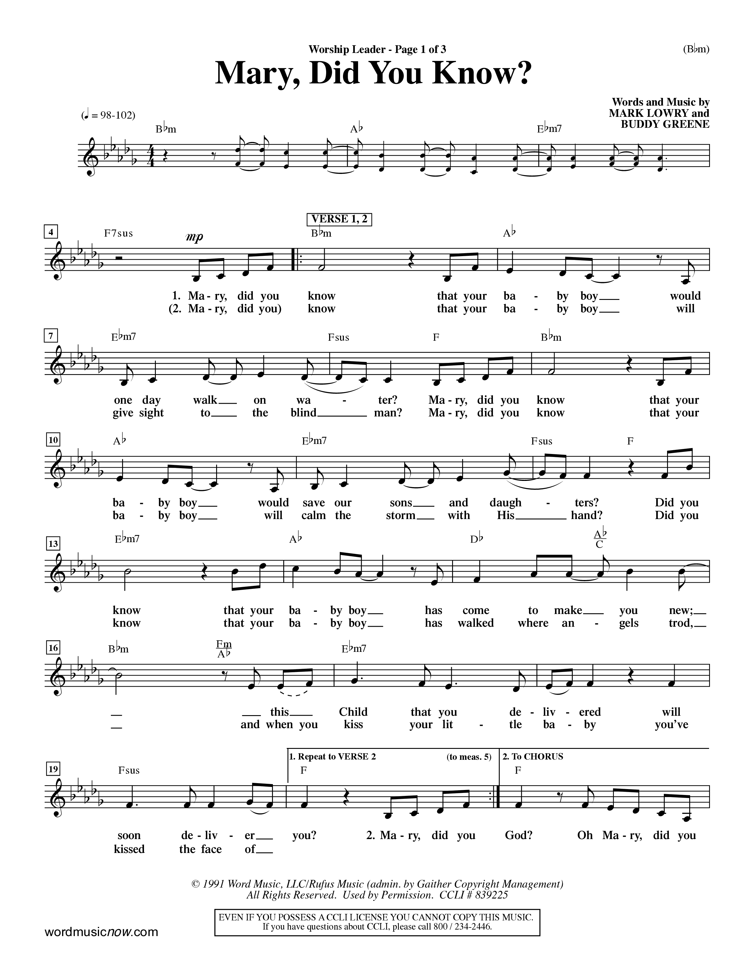 Mary Did You Know (Choral Anthem SATB) Lead Sheet (Mel) (Word Music Choral / Orch. Dave Williamson)