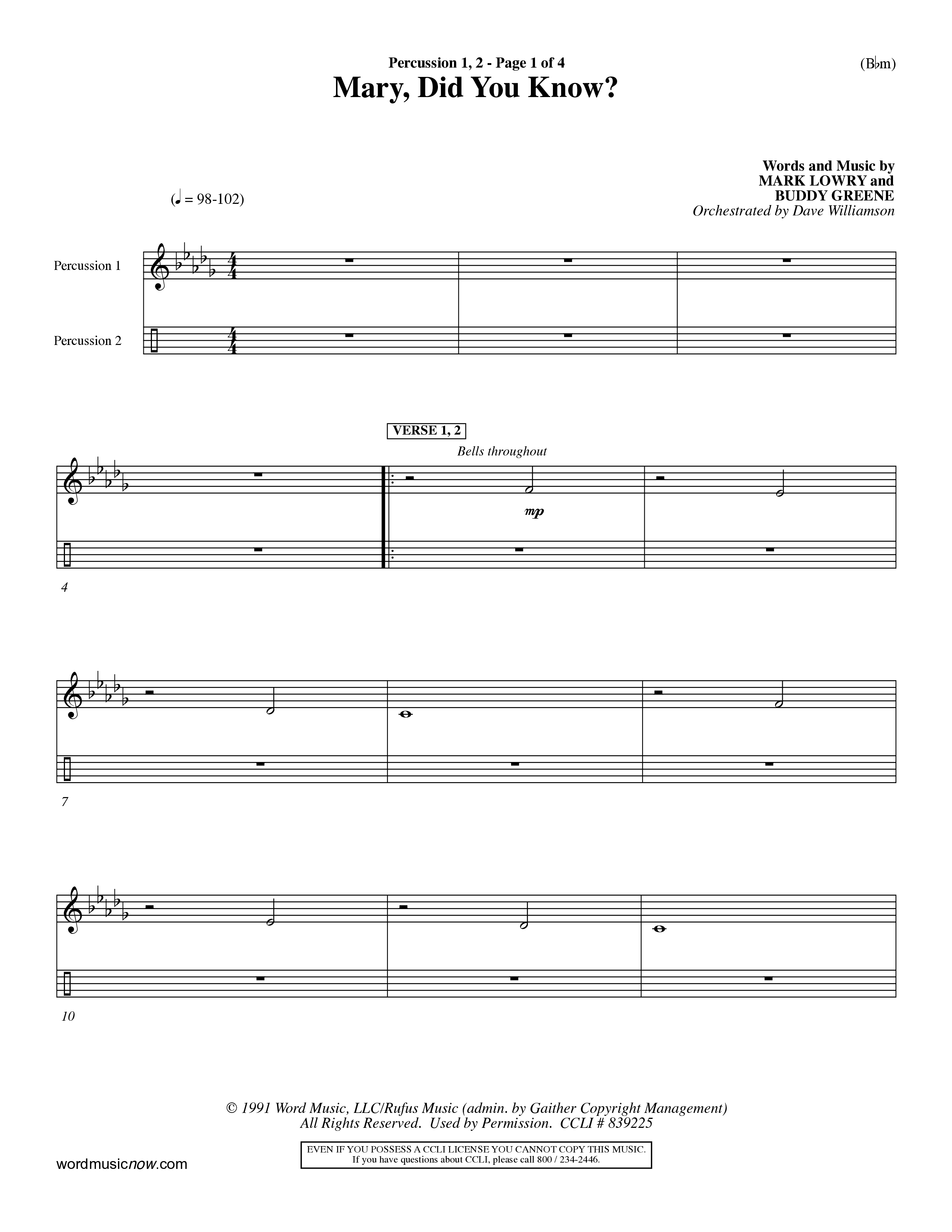 Mary Did You Know (Choral Anthem SATB) Percussion 1/2 (Word Music Choral / Orch. Dave Williamson)