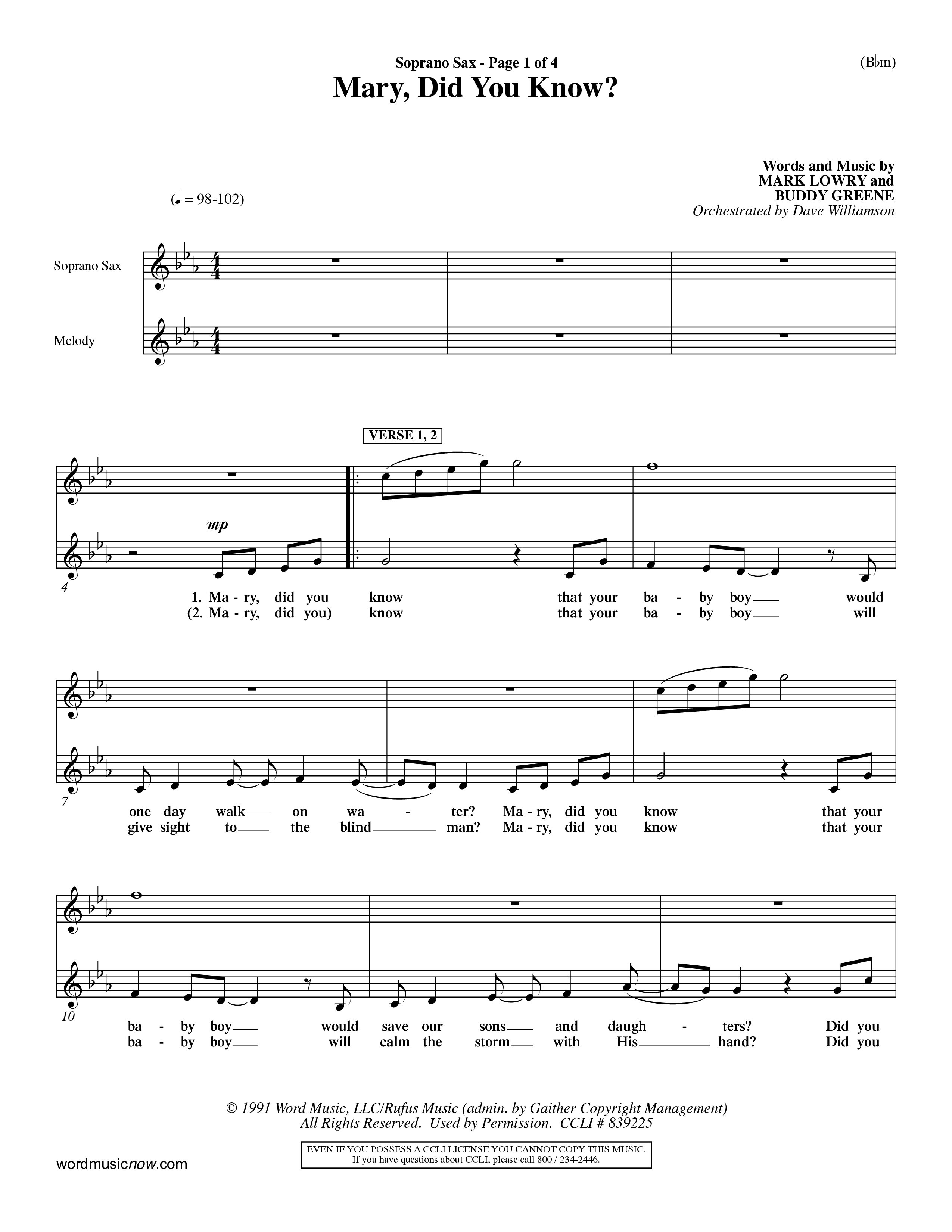 Mary Did You Know (Choral Anthem SATB) Saxophone (Word Music Choral / Orch. Dave Williamson)