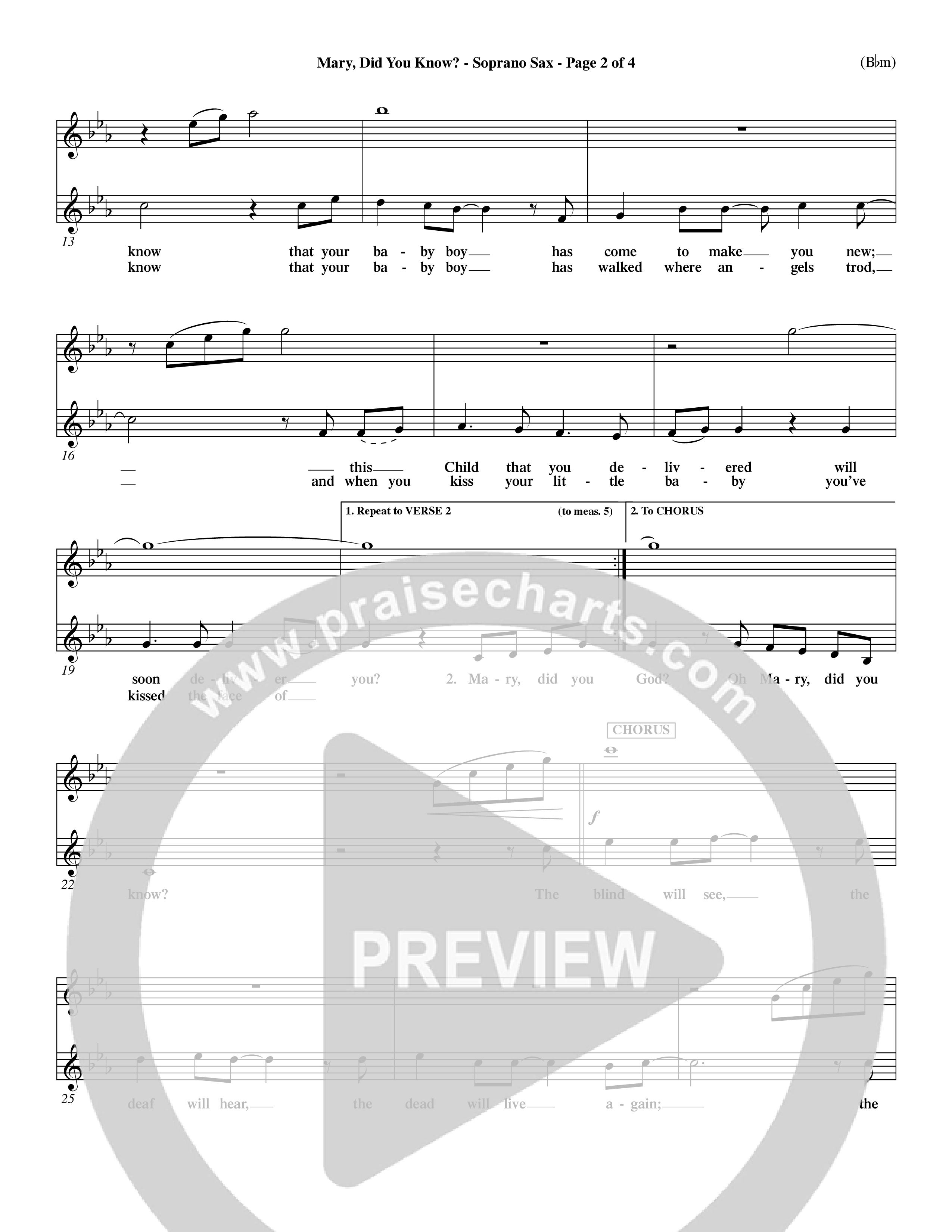 Mary Did You Know (Choral Anthem SATB) Saxophone (Word Music Choral / Orch. Dave Williamson)