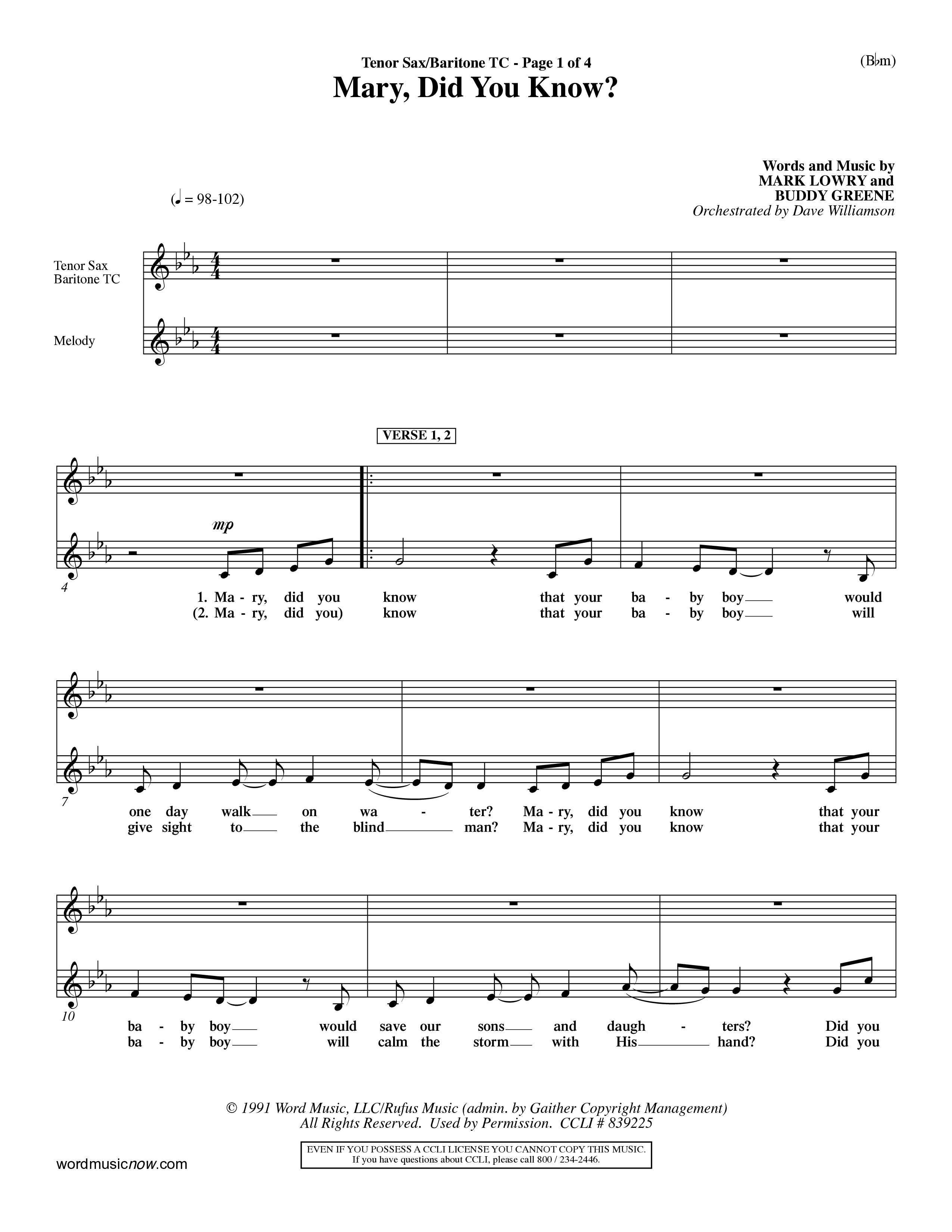 Mary Did You Know (Choral Anthem SATB) Tenor Sax/Baritone T.C. (Word Music Choral / Orch. Dave Williamson)