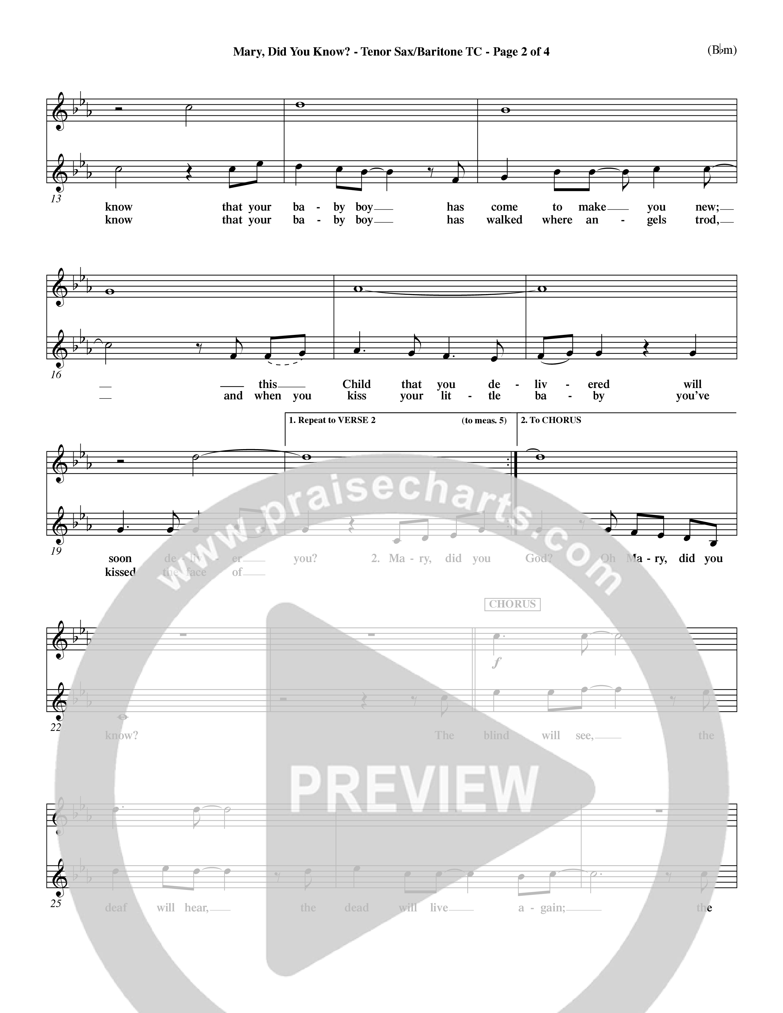 Mary Did You Know (Choral Anthem SATB) Tenor Sax/Baritone T.C. (Word Music Choral / Orch. Dave Williamson)