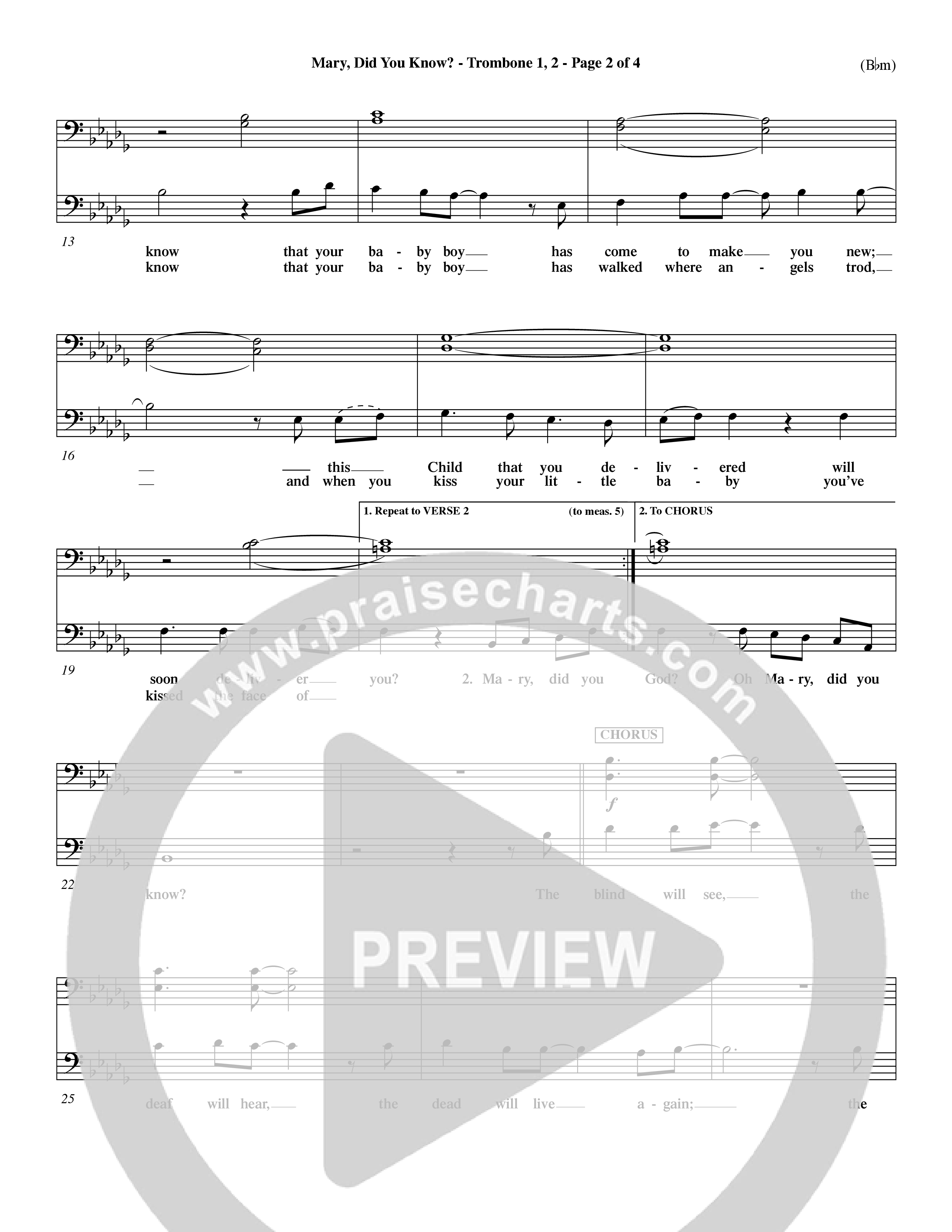 Mary Did You Know (Choral Anthem SATB) Trombone 1/2 (Word Music Choral / Orch. Dave Williamson)