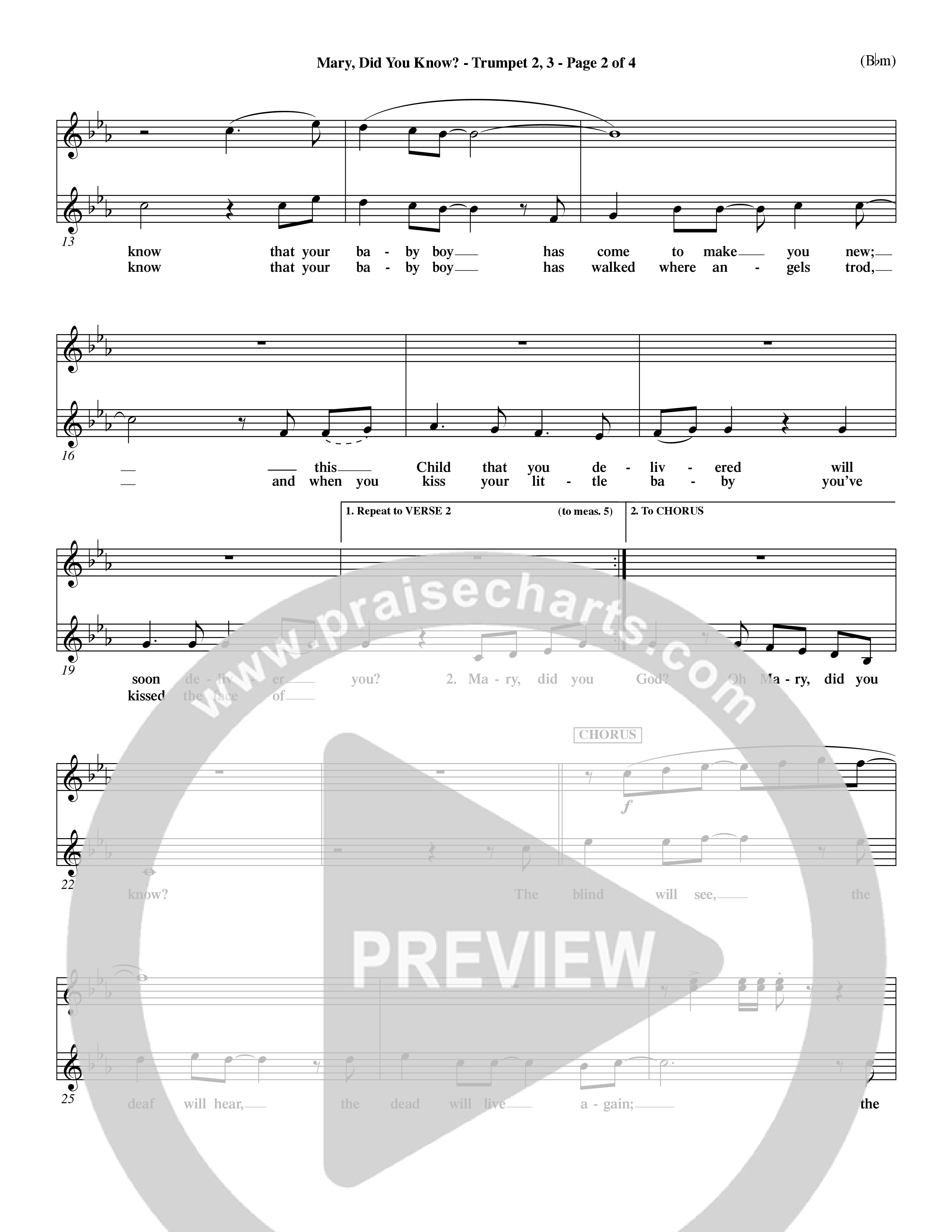 Mary Did You Know (Choral Anthem SATB) Trumpet 2/3 (Word Music Choral / Orch. Dave Williamson)