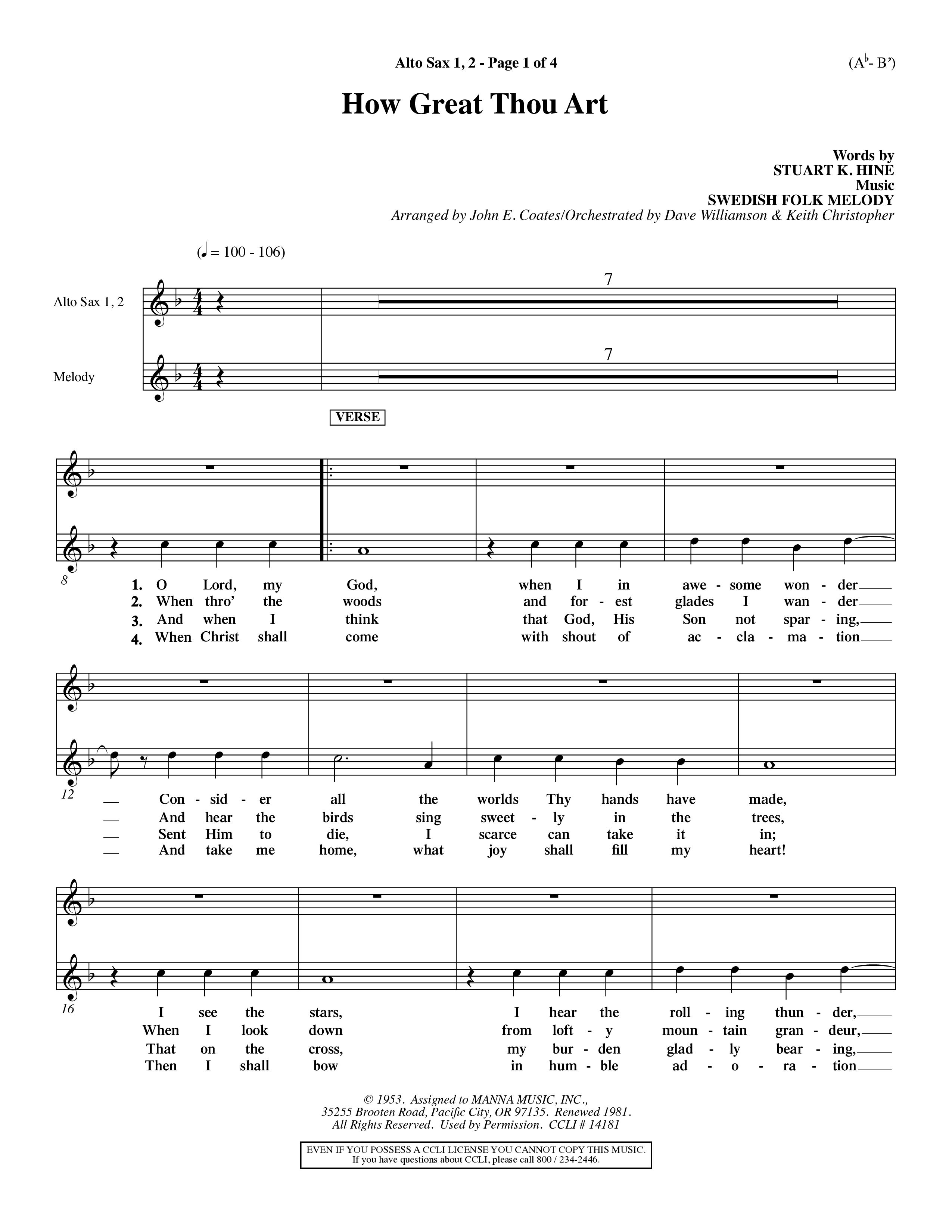 How Great Thou Art (Choral Anthem SATB) Alto Sax 1/2 (Word Music Choral / Arr. John Coates / Orch. Dave Williamson / Orch. Keith Christopher)