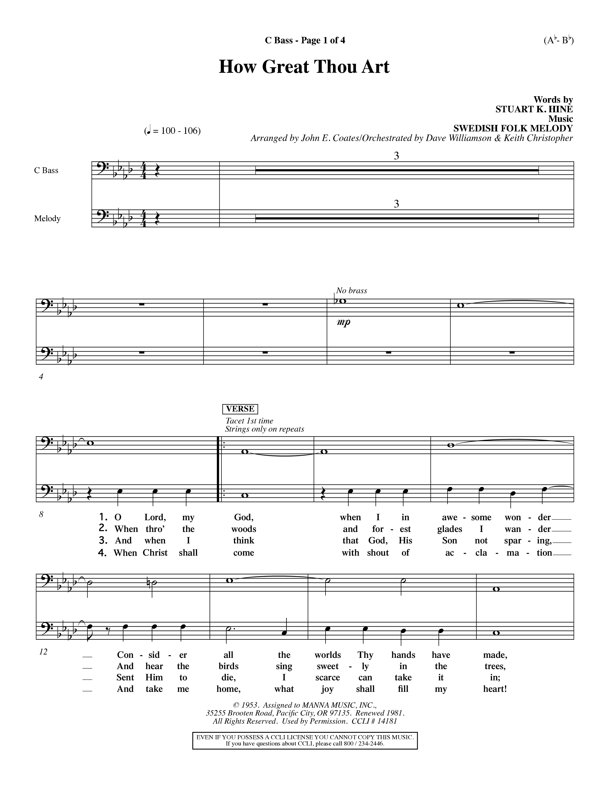 How Great Thou Art (Choral Anthem SATB) Contrabass (Word Music Choral / Arr. John Coates / Orch. Dave Williamson / Orch. Keith Christopher)