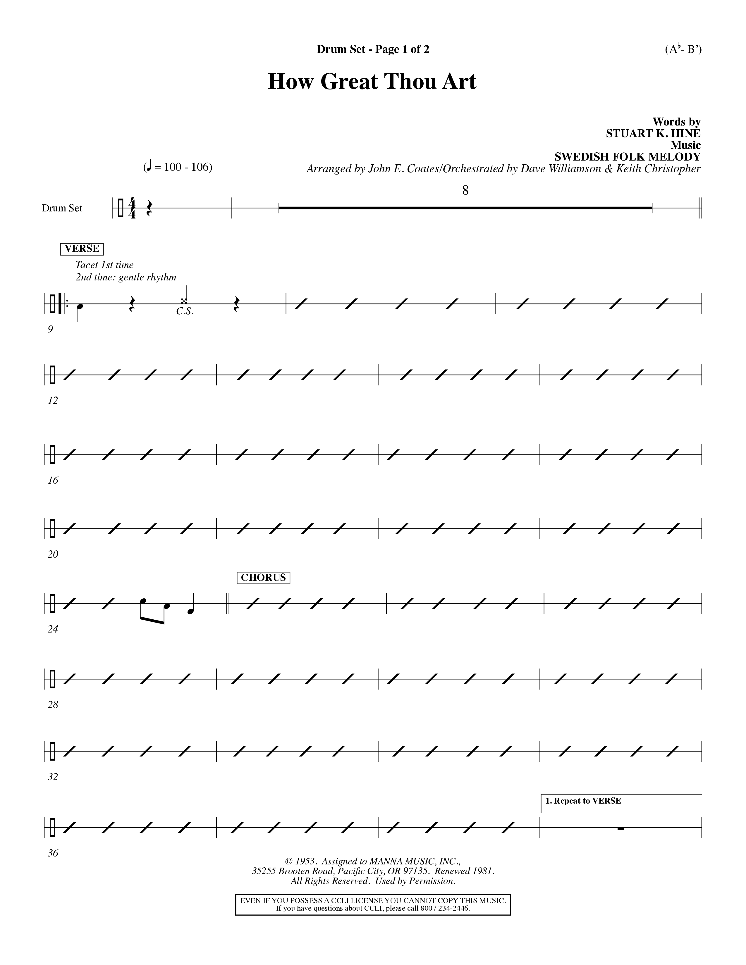 How Great Thou Art (Choral Anthem SATB) Drum Set (Word Music Choral / Arr. John Coates / Orch. Dave Williamson / Orch. Keith Christopher)