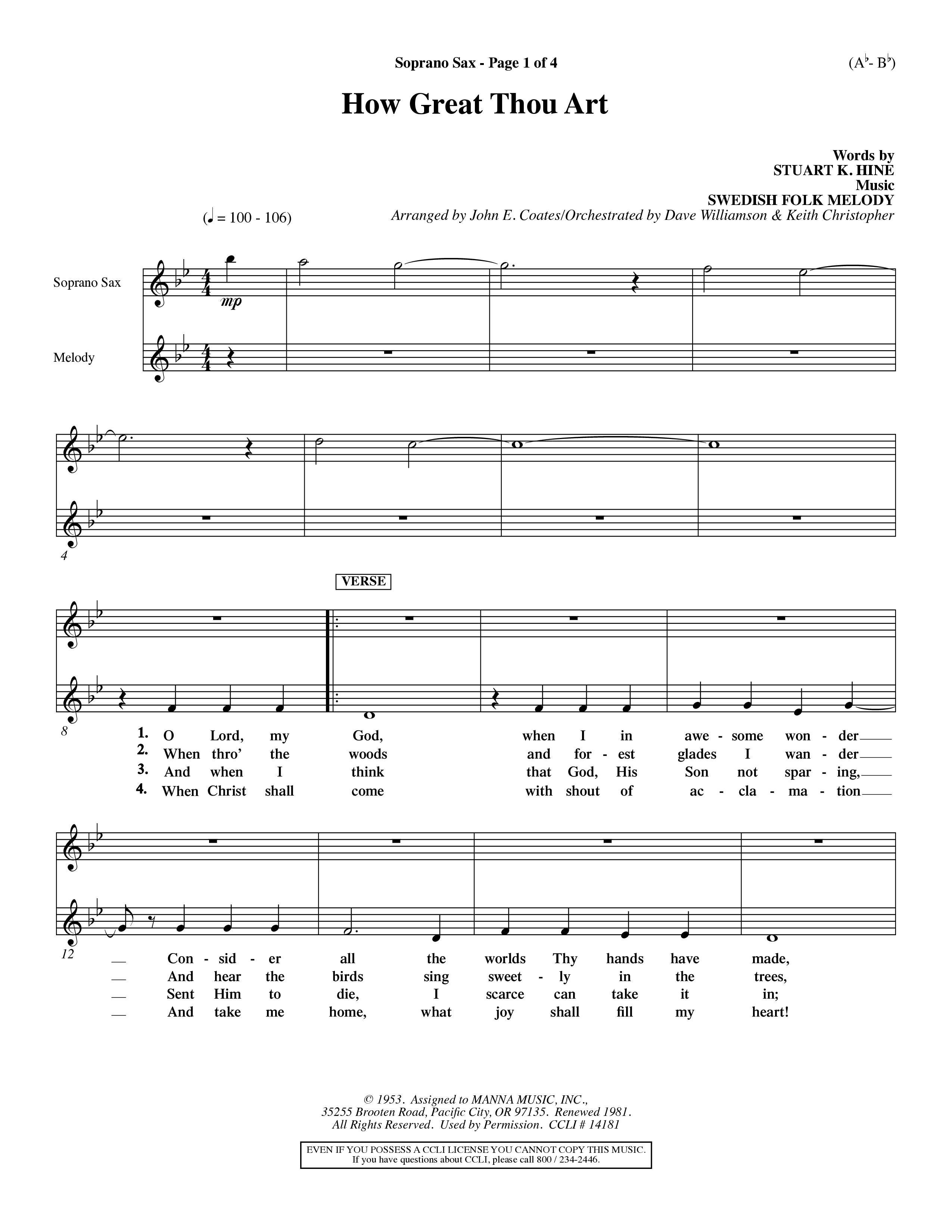 How Great Thou Art (Choral Anthem SATB) Saxophone (Word Music Choral / Arr. John Coates / Orch. Dave Williamson / Orch. Keith Christopher)
