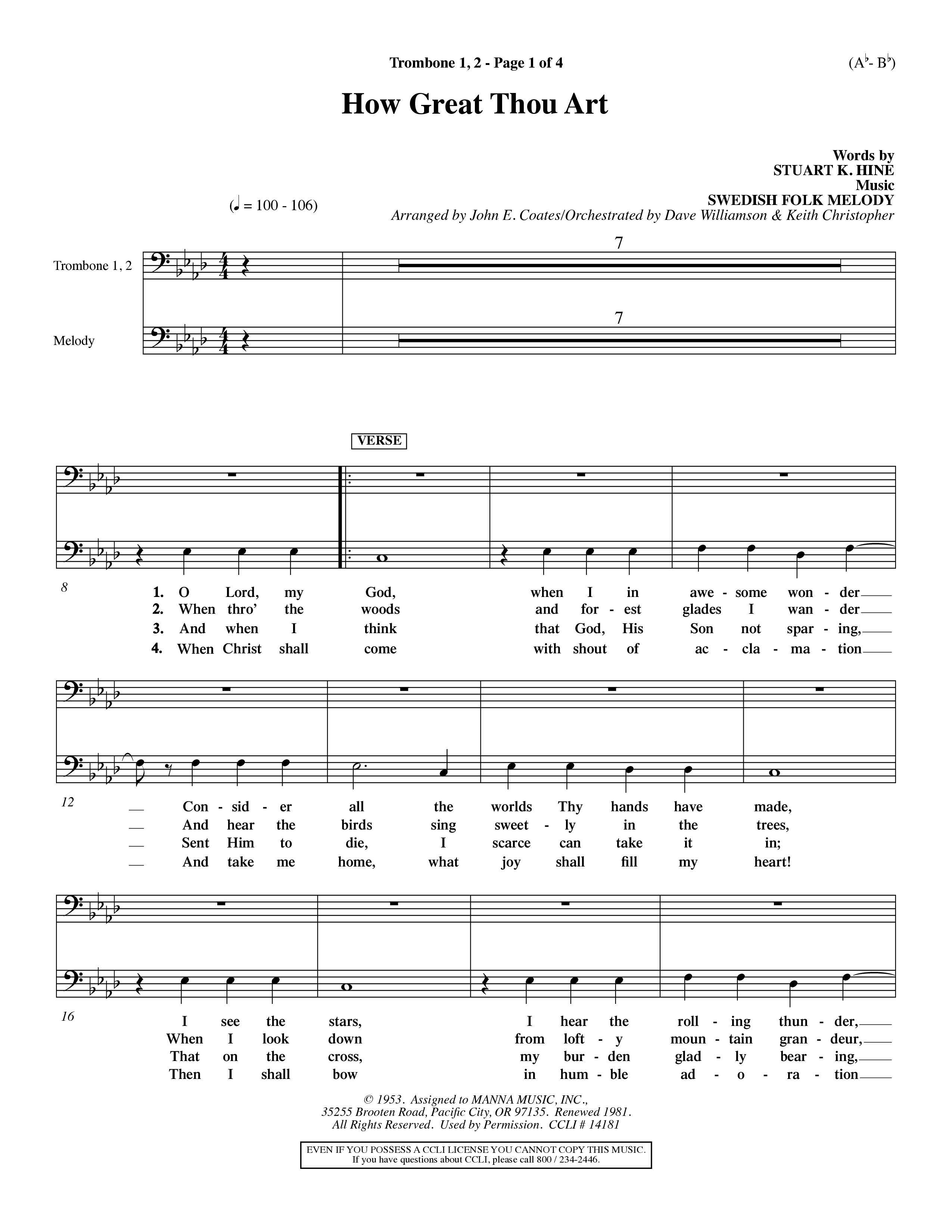 How Great Thou Art (Choral Anthem SATB) Trombone 1/2 (Word Music Choral / Arr. John Coates / Orch. Dave Williamson / Orch. Keith Christopher)