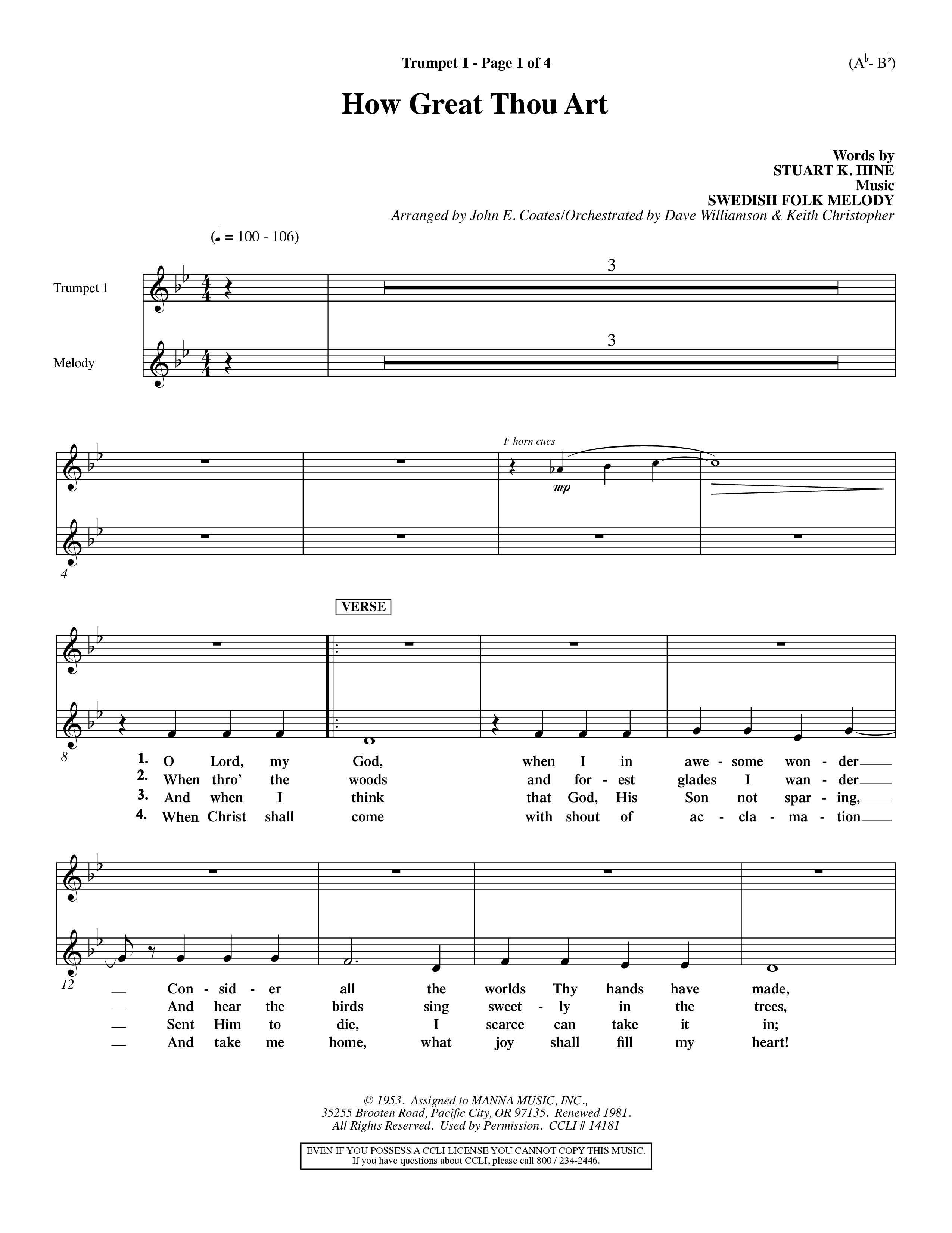 How Great Thou Art (Choral Anthem SATB) Trumpet 1 (Word Music Choral / Arr. John Coates / Orch. Dave Williamson / Orch. Keith Christopher)