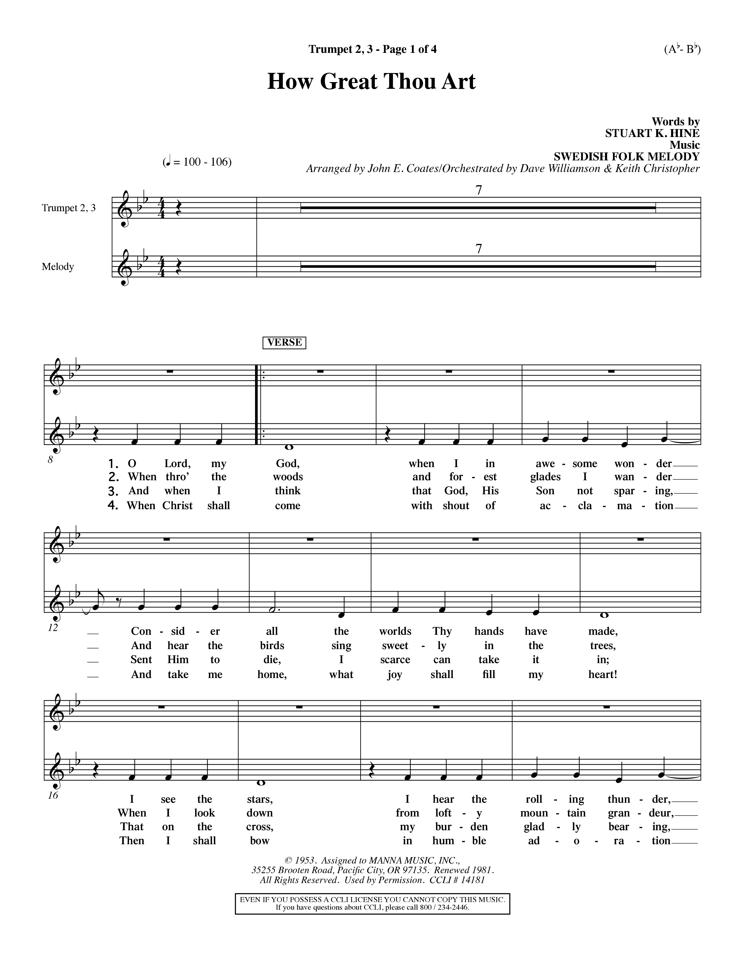 How Great Thou Art (Choral Anthem SATB) Trumpet 2/3 (Word Music Choral / Arr. John Coates / Orch. Dave Williamson / Orch. Keith Christopher)