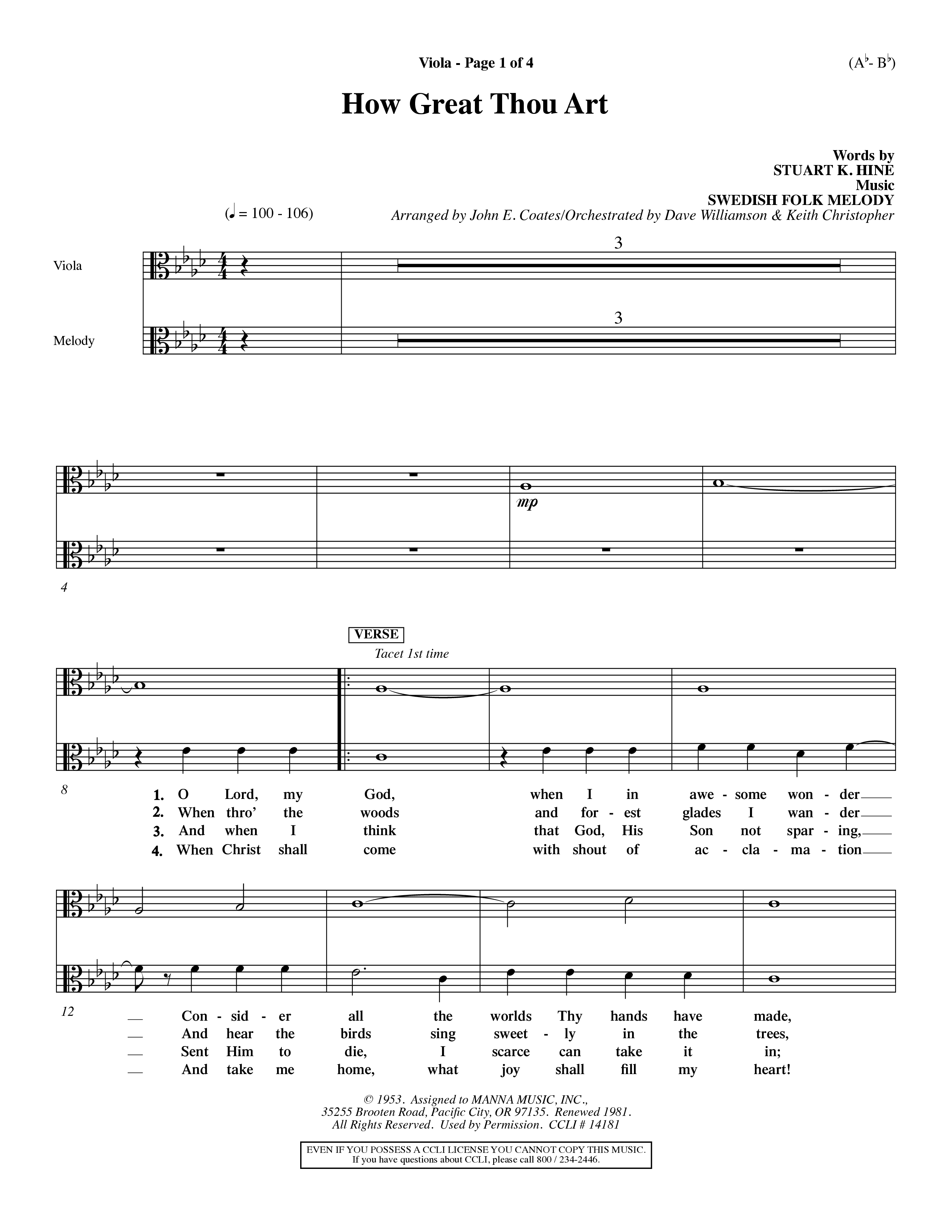 How Great Thou Art (Choral Anthem SATB) Viola (Word Music Choral / Arr. John Coates / Orch. Dave Williamson / Orch. Keith Christopher)