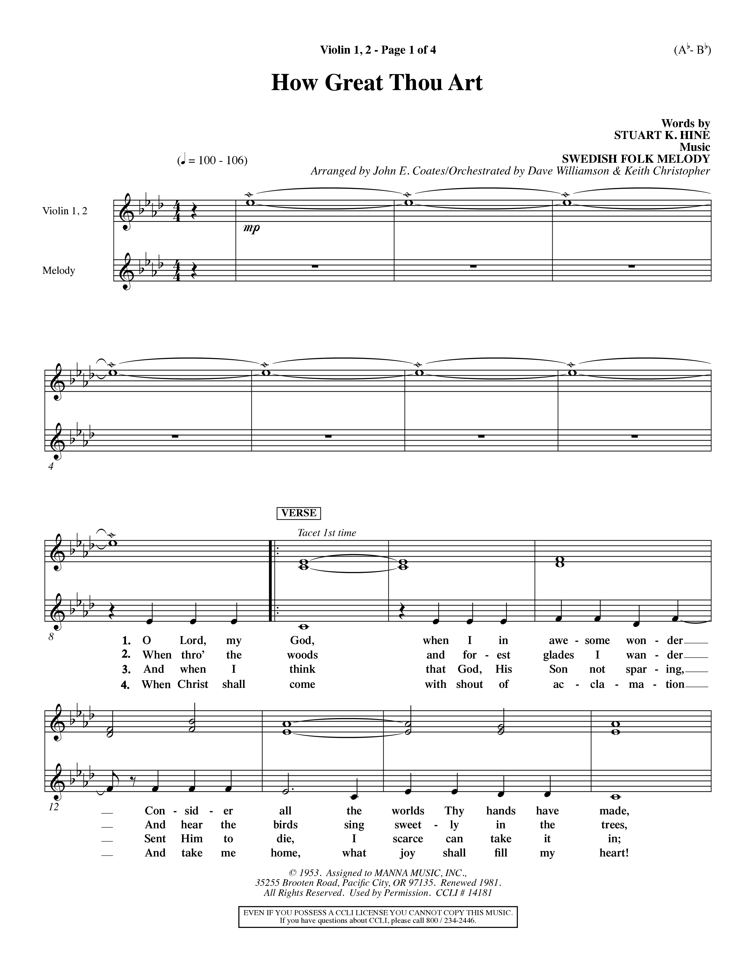 How Great Thou Art (Choral Anthem SATB) Violin 1/2 (Word Music Choral / Arr. John Coates / Orch. Dave Williamson / Orch. Keith Christopher)