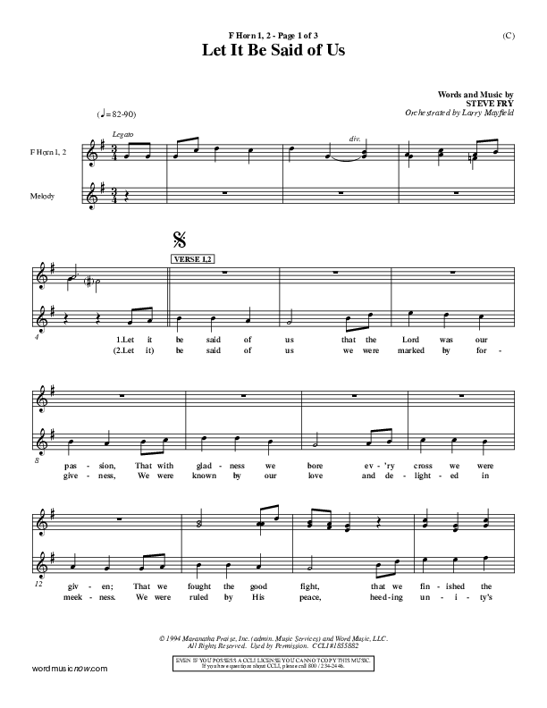 Let It Be Said Of Us French Horn 1/2 (Steve Fry)